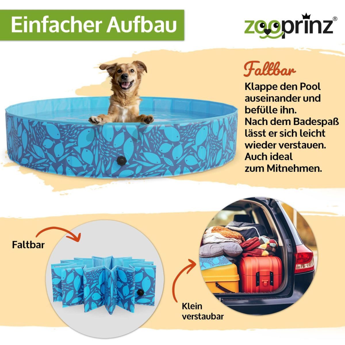 Zooprinz Hundepool inklusive drei Spielzeuge, stabil, faltbar, UV-Beständig, Schlauchanschluss, mit Reperaturkleber, für Hunde, Katzen, Kinder
