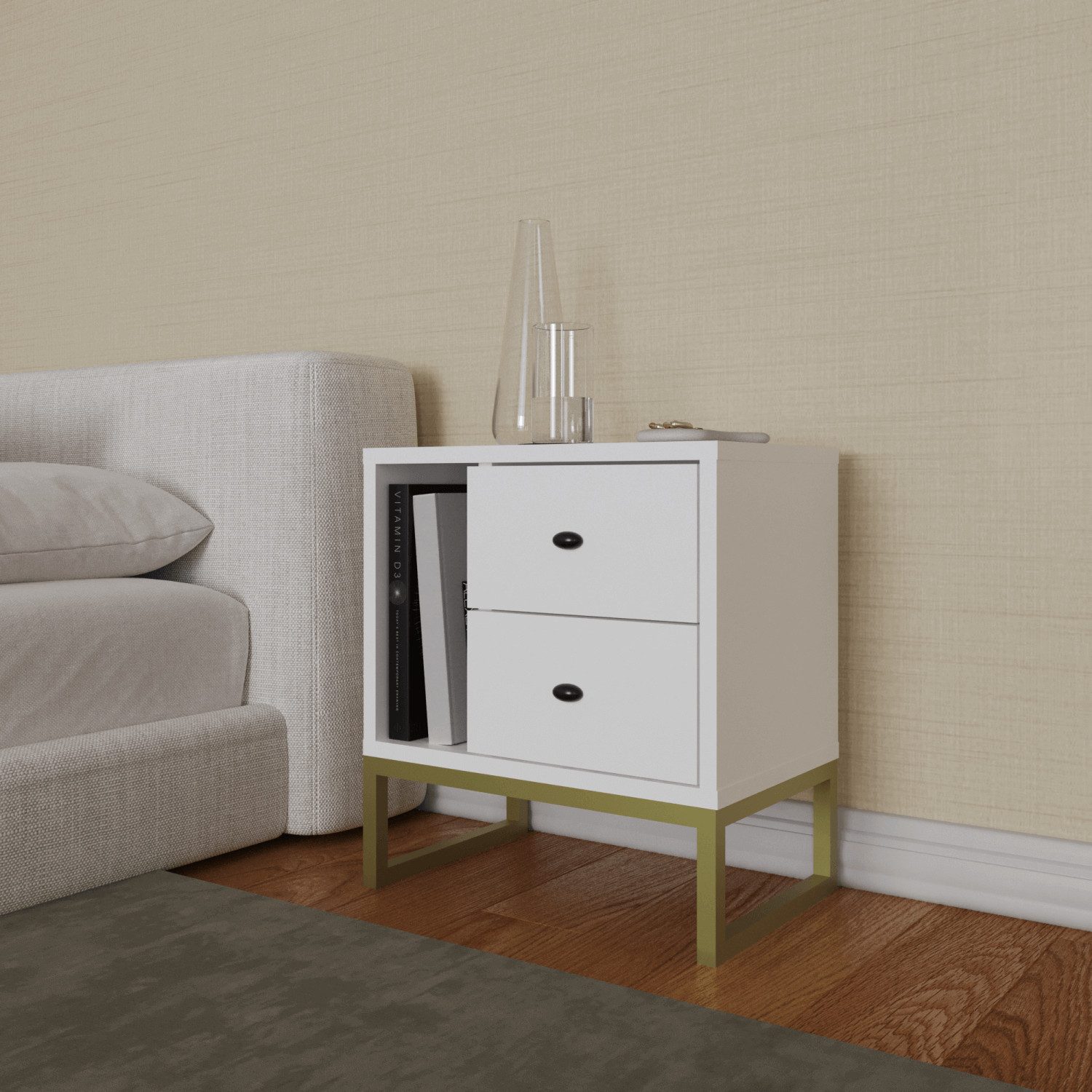 BDR Smart Home Art Kommode Hazer Nachttisch mit 2 Schubladen, Regal Pine Metallfüße Praktisch