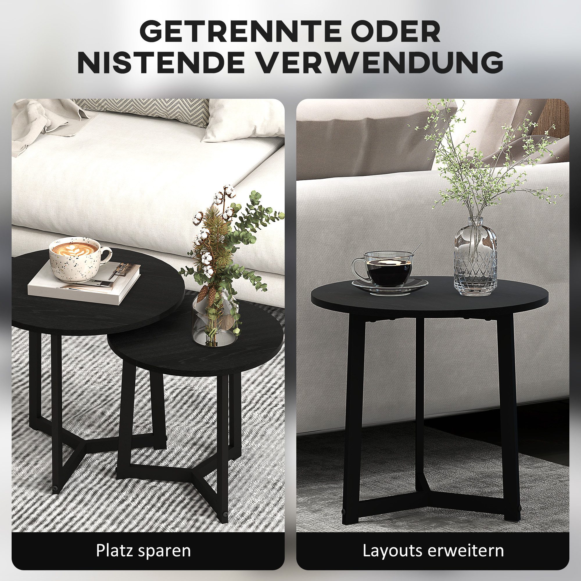 HOMCOM Couchtisch Beistelltisch aus MDF und Stahl, Stapelbar, Sofatisch (Kaffeetisch, 2-St., Eckiger Beistelltisch), für Wohnzimmer, bis 35 kg Belastbar, Schwar – Bild 4 von 5