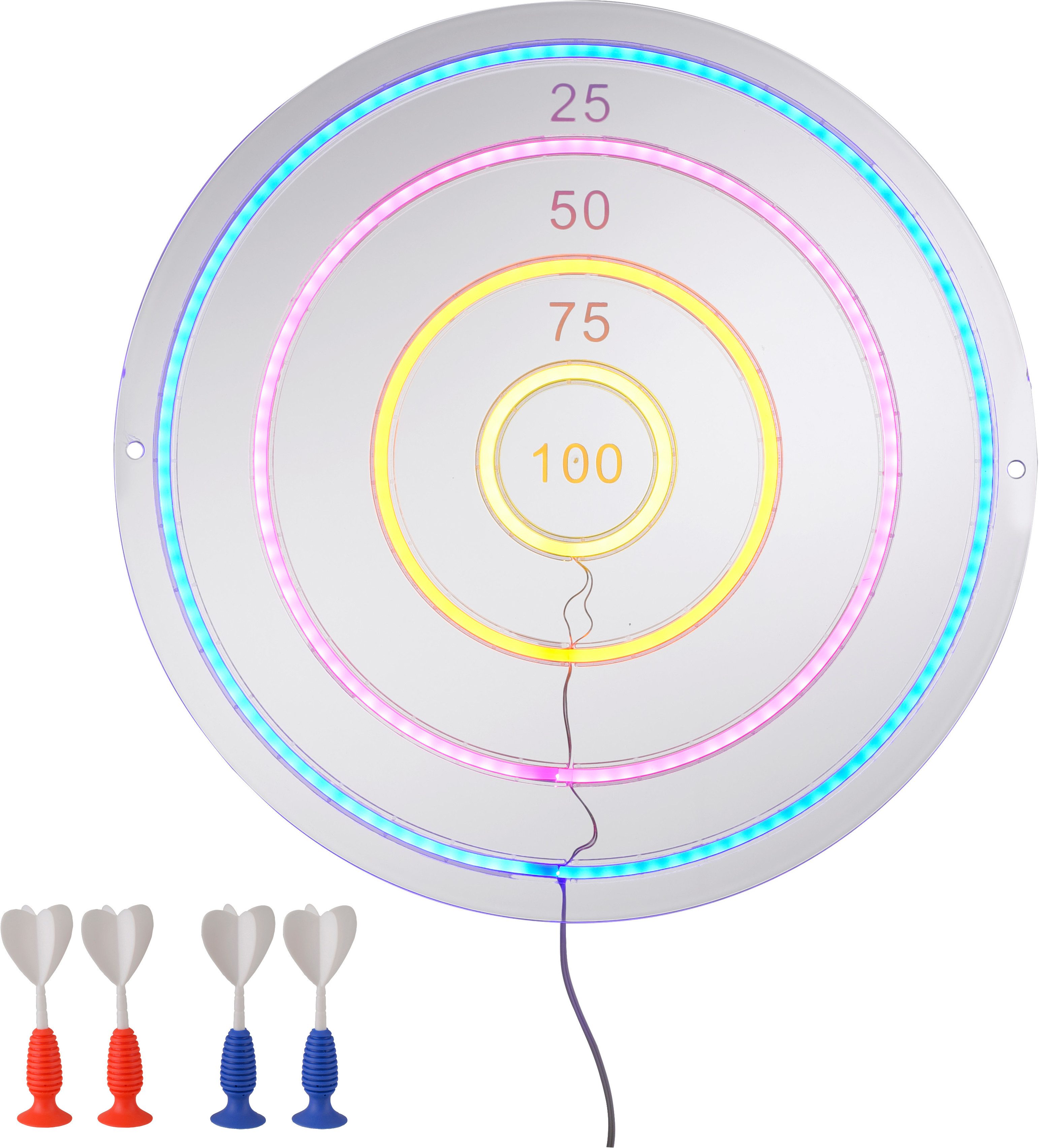 JUST LIGHT LED Wandleuchte Dartscheibe NEON-DARTS, LED fest integriert, RGB, LED-Dartscheibe mit 4 Saugnapf-Dartpfeilen
