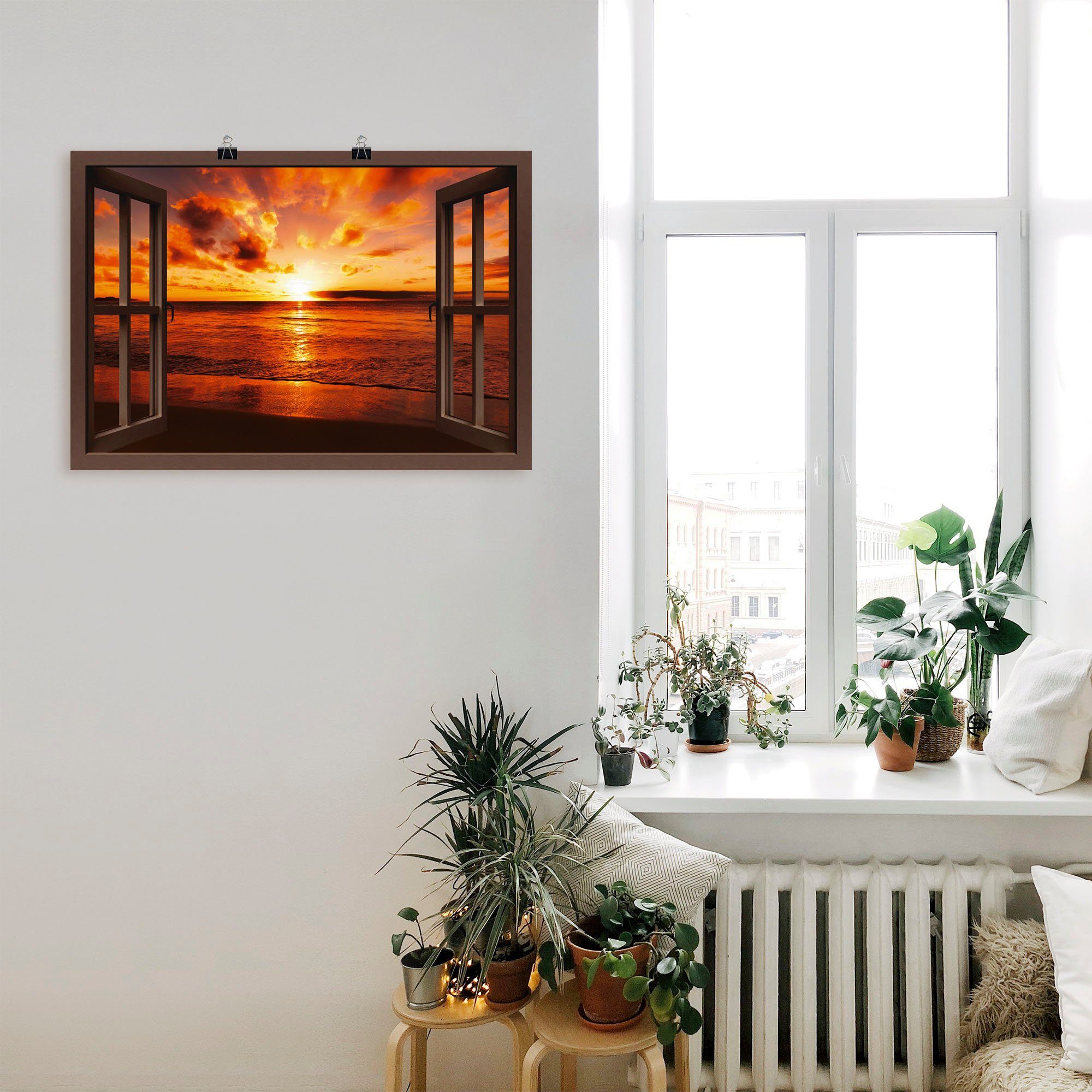 Artland Wandbild Fensterblick Sonnenuntergang am Leinwandbild, St), Wandaufkleber versch. Größen Strand, (1 in Fensterblick oder Poster als