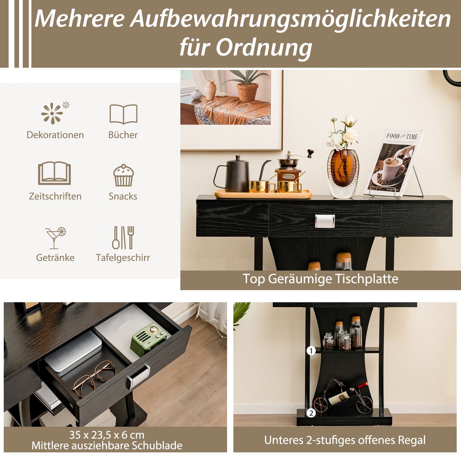 COSTWAY Konsolentisch, Schmal mit Schubladen, schwarz Flurtisch