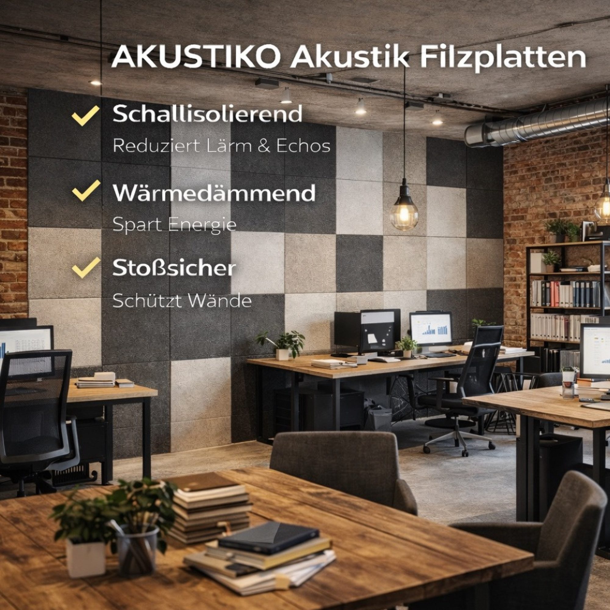 AKUSTIKO Schallschutzpaneel, (Selbstklebend 120x60cm - 12 Stück Schwarz Akustik Wandpaneele Schallschutz & Raumakustik Panels Filz 9mm Hexim Decken- & Wandverkleidung Studio Aufnahme (8.64m)