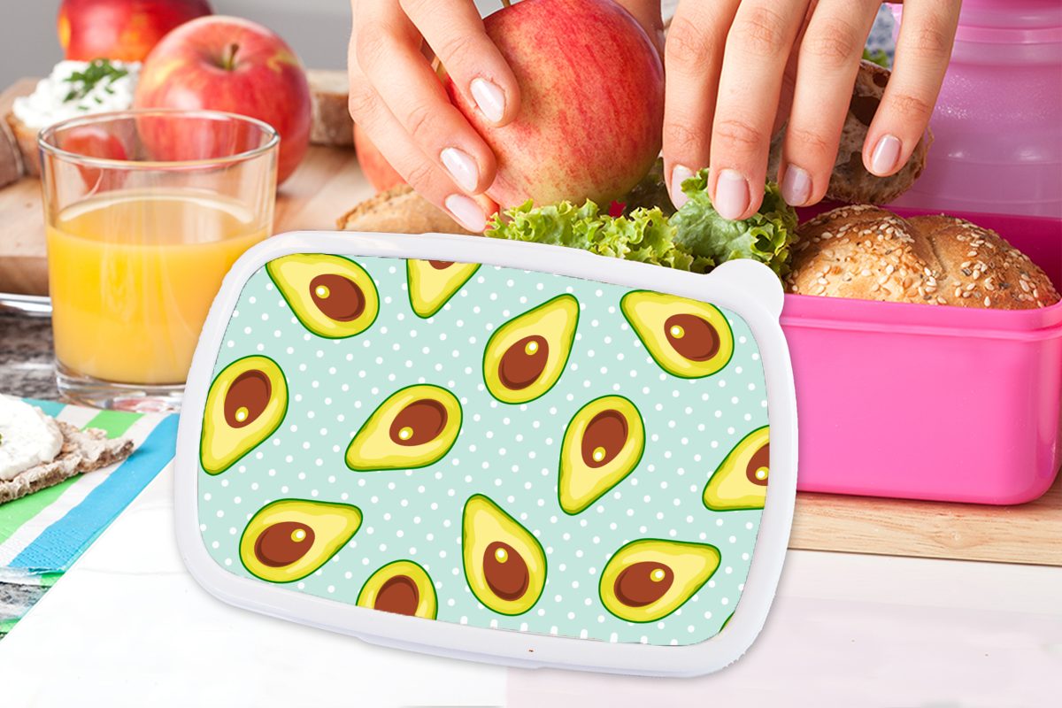 - Mädchen, - MuchoWow Brotdose rosa Kunststoff, dots, Erwachsene, Muster Polka für Lunchbox Kunststoff Kinder, (2-tlg), Snackbox, Brotbox Avocado