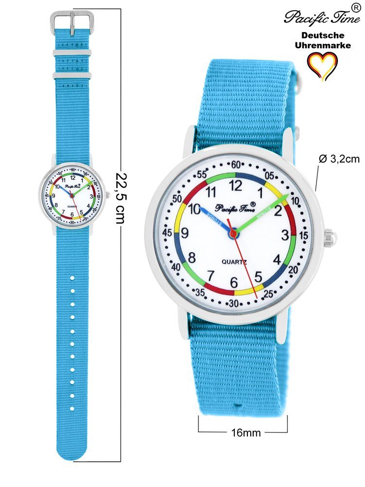 Pacific Time Quarzuhr Set und Lernuhr Kinder und Armbanduhr blau Wechselarmband, Reflektor - Gratis Match Design hellblau Versand Mix First
