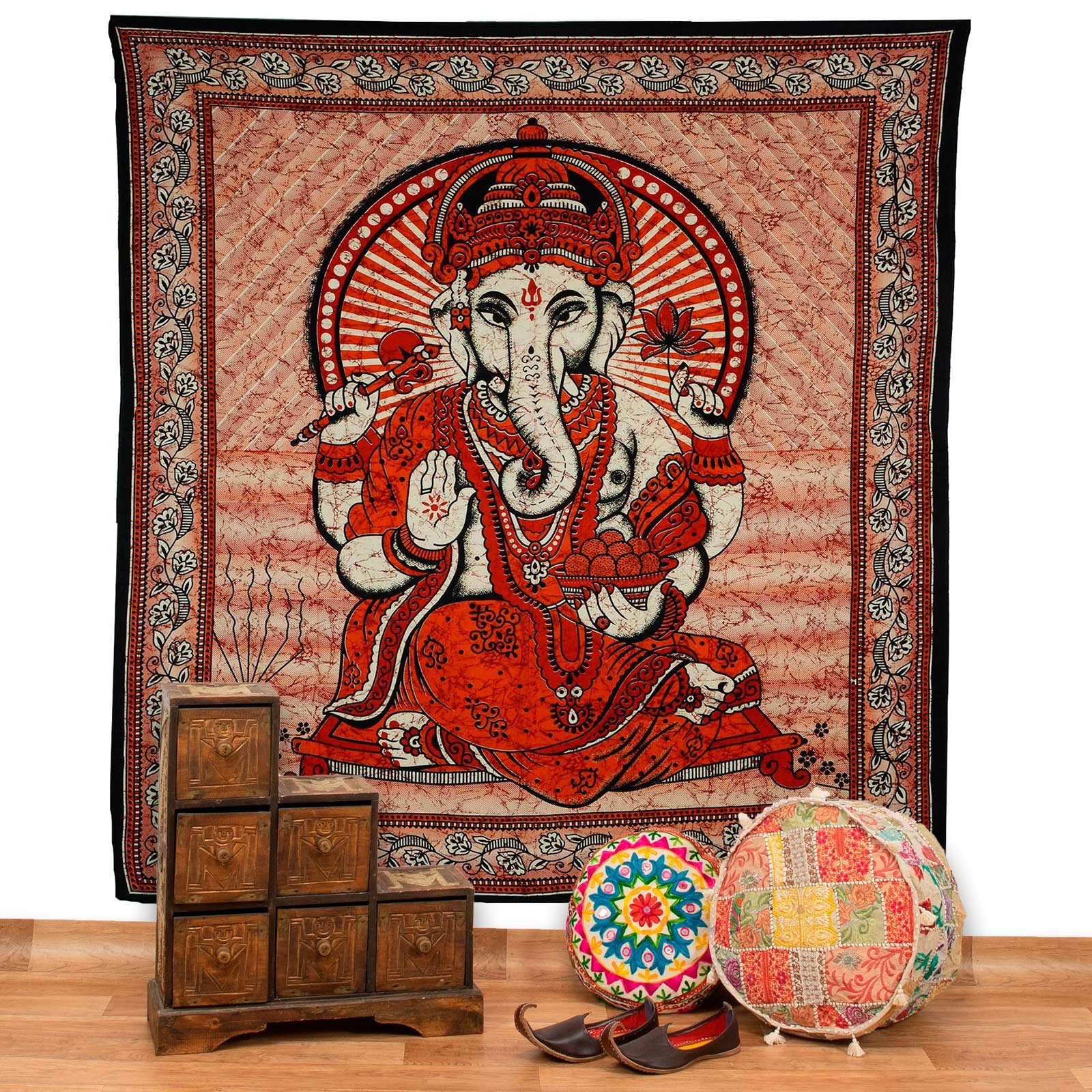 KUNST UND MAGIE Wandteppich Ganesha Dekotuch Große Tagesdecke Wandbehang Tuch Goa ca. 210 x 230 cm