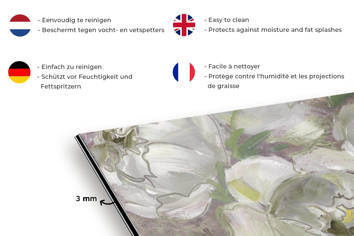 MuchoWow Küchenrückwand Blumen - Blätter Weiß, für - (1-tlg), Pflanzen Fett gegen und 60x30 Küchen - Wandschutz, Schmutzflecken cm