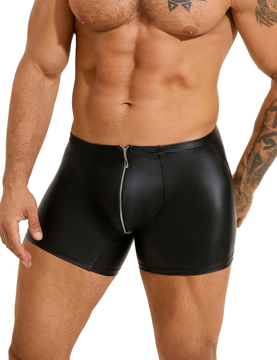 Lau-Fashion Boxershorts Herren Boxer in Lederoptik mit Reißverschluss, Schwarz