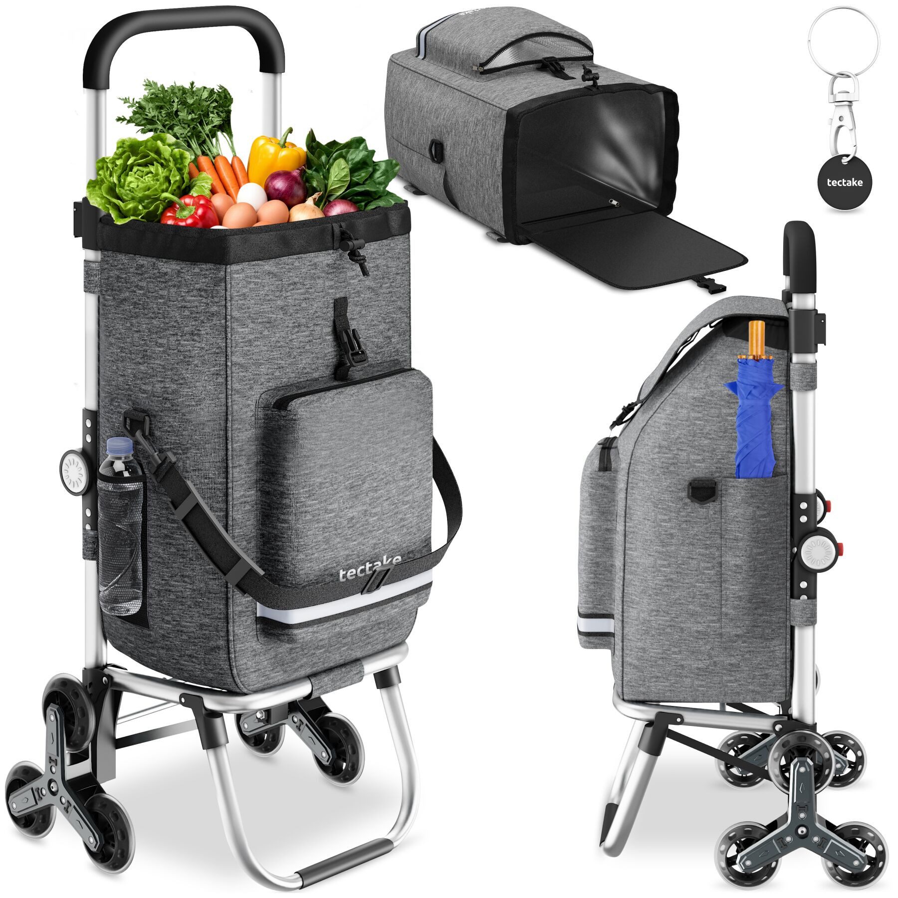 tectake Einkaufstrolley Shopping-Trolley, Kühltasche, leichtgängige Treppensteiger-Räder, 3-in-1, 56 l, längenverstellbarer Gurt, Gummizug & Reflektorstreifen