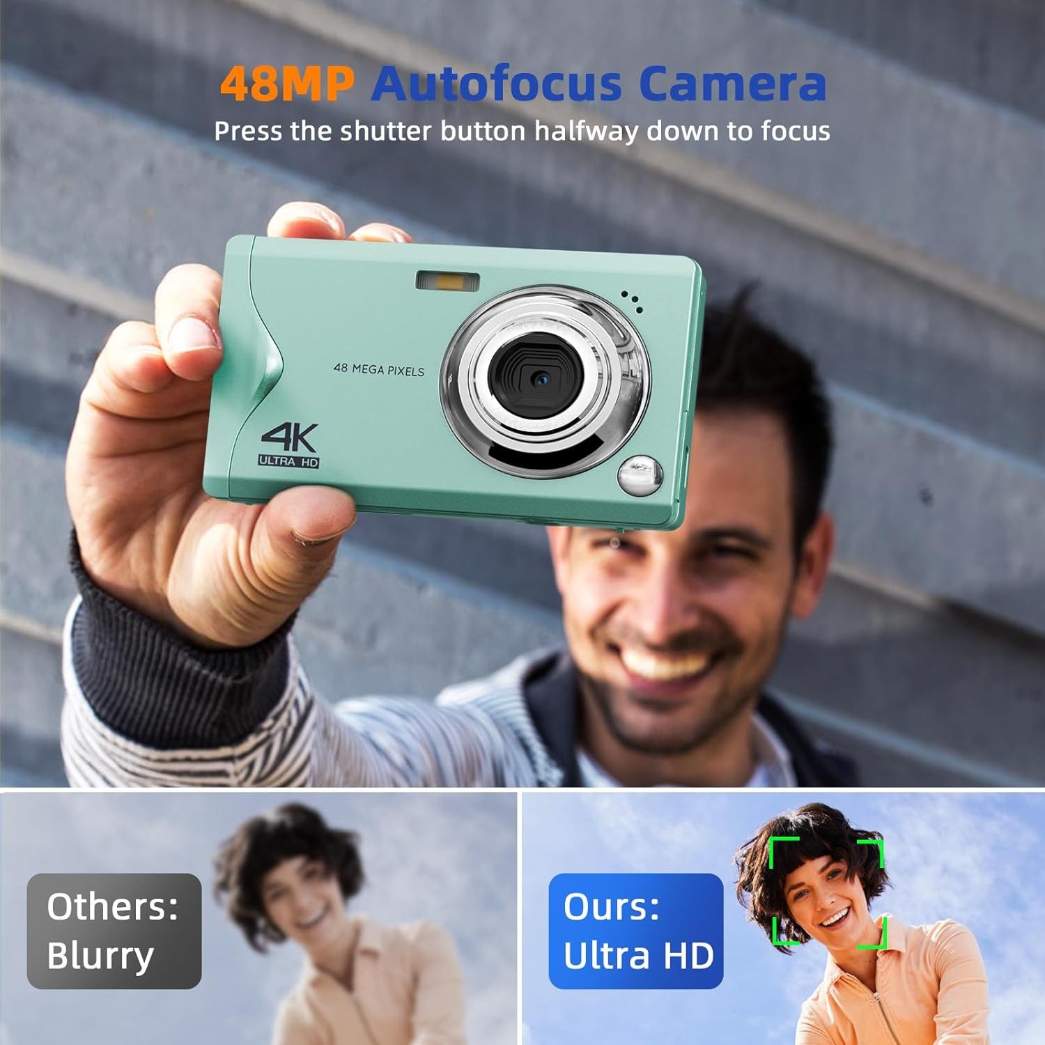 FANNOU Digitalkamera 48MP 1080P FHD Fotokamera Kompaktkamera (inkl. mit Autofokus 16X Digitalzoom Fotoapparat Tragbare, Kompaktkamera mit 32GB SD-Karte für Kinder Teenager Anfänger Geschenk)