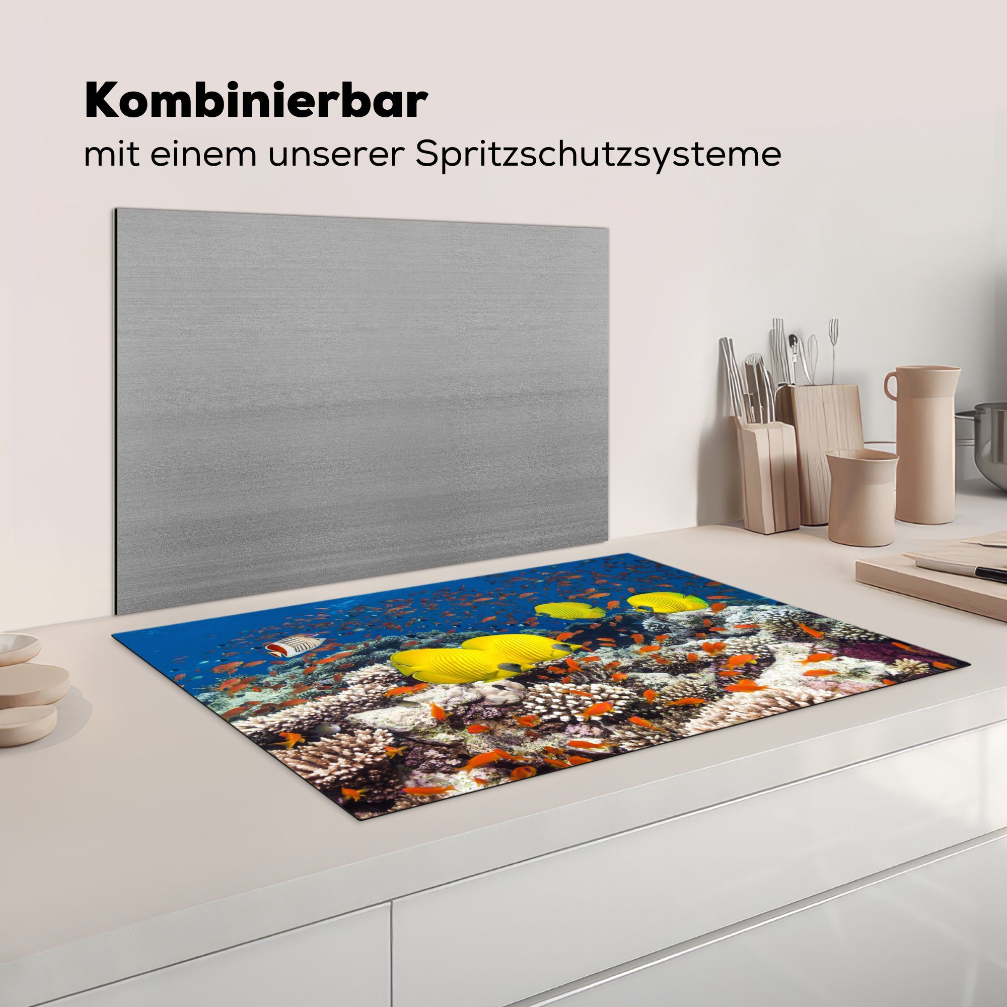 Roten Meer, Fische (1 Schutz tlg), für 81x52 schwimmen MuchoWow die über Hartkorallen Herdblende-/Abdeckplatte küche, cm, im Vinyl, Gelbe Ceranfeldabdeckung Induktionskochfeld