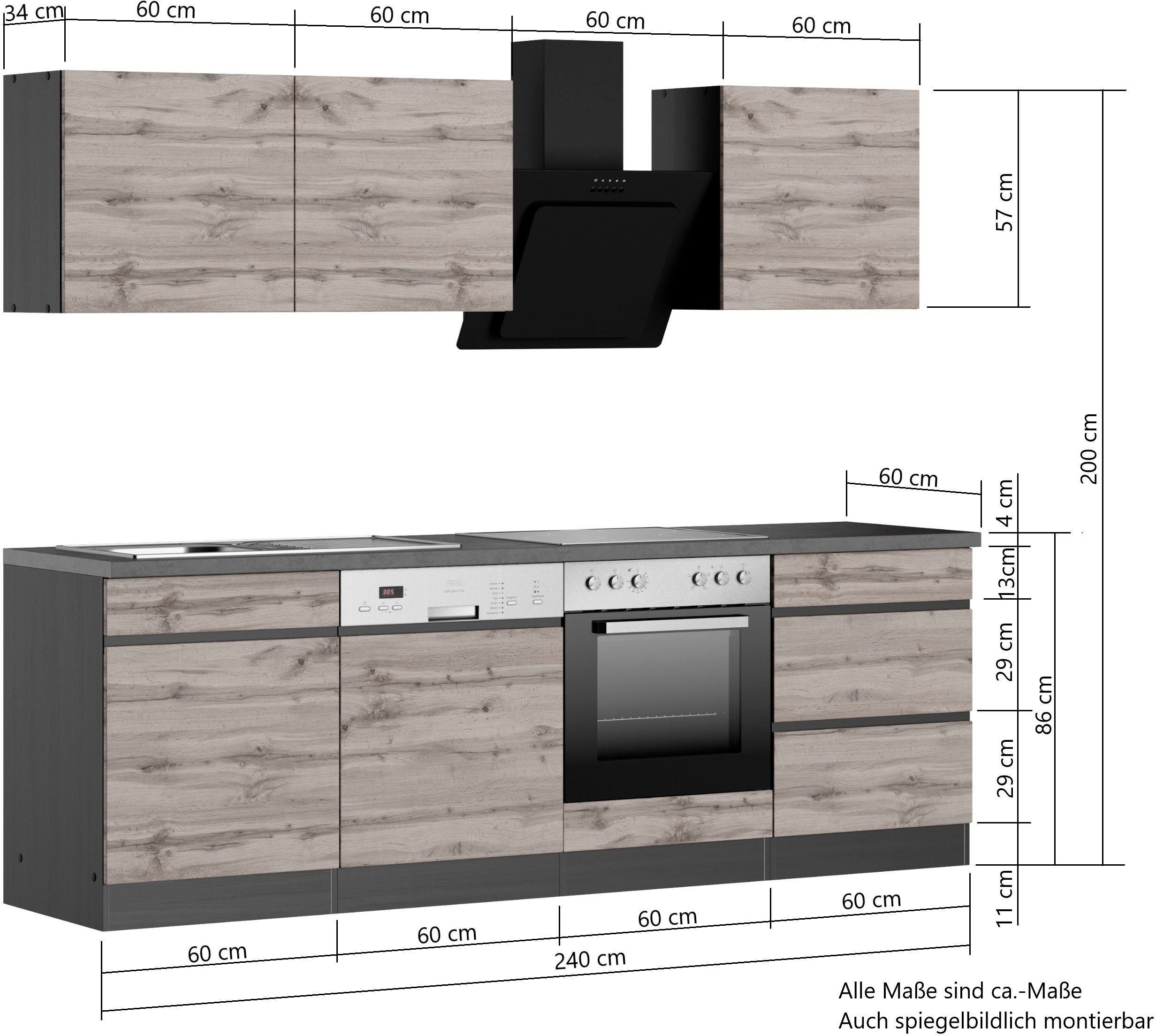 KOCHSTATION Küchenzeile KS-Riesa, Stellbreite 240 cm, wahlweise mit oder ohne E-Geräte