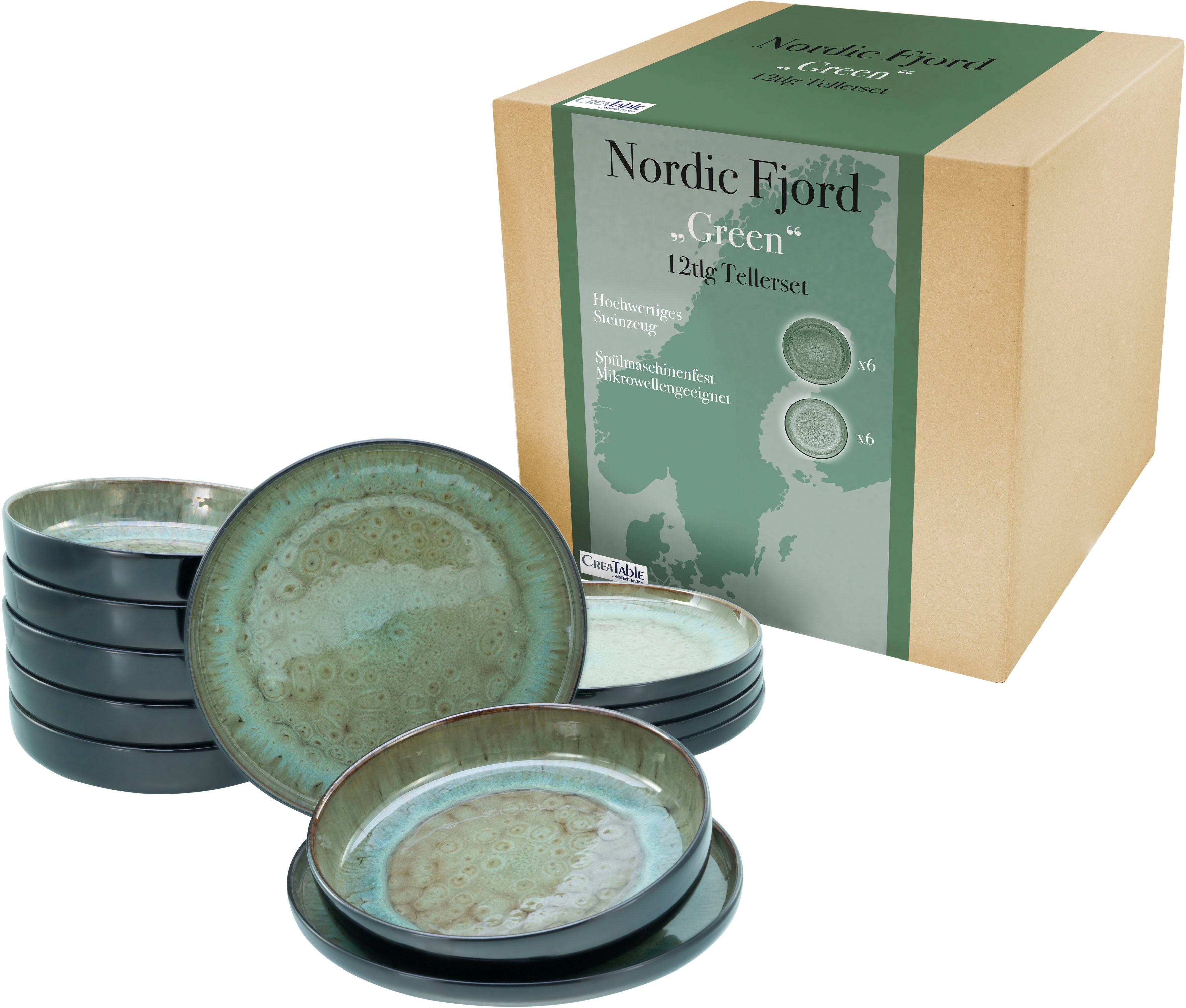 CreaTable Тарелки-Set Nordic Fjord (12-tlg), 6 Personen, Steinzeug, Tafelservice, 6 Тарелка обеденная Ø 26 cm, 6 Суповая тарелка Ø 22,5 cm