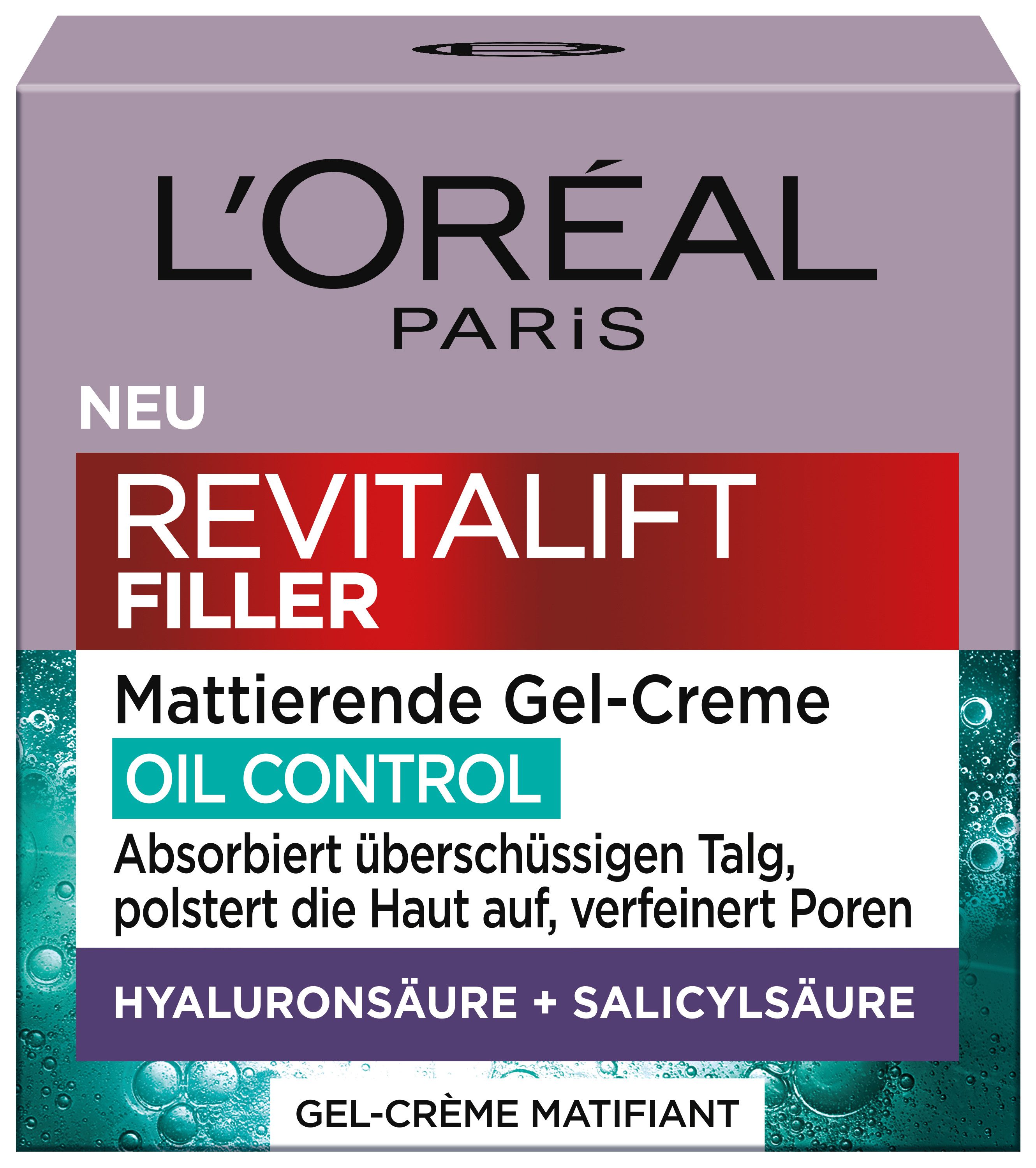 L'ORÉAL PARIS Gesichtsgel REVITALIFT FILLER MATTIERENDE GEL-CREME OIL CONTROL, mildert erste Anzeichen von Hautalterung bei fettiger Haut.