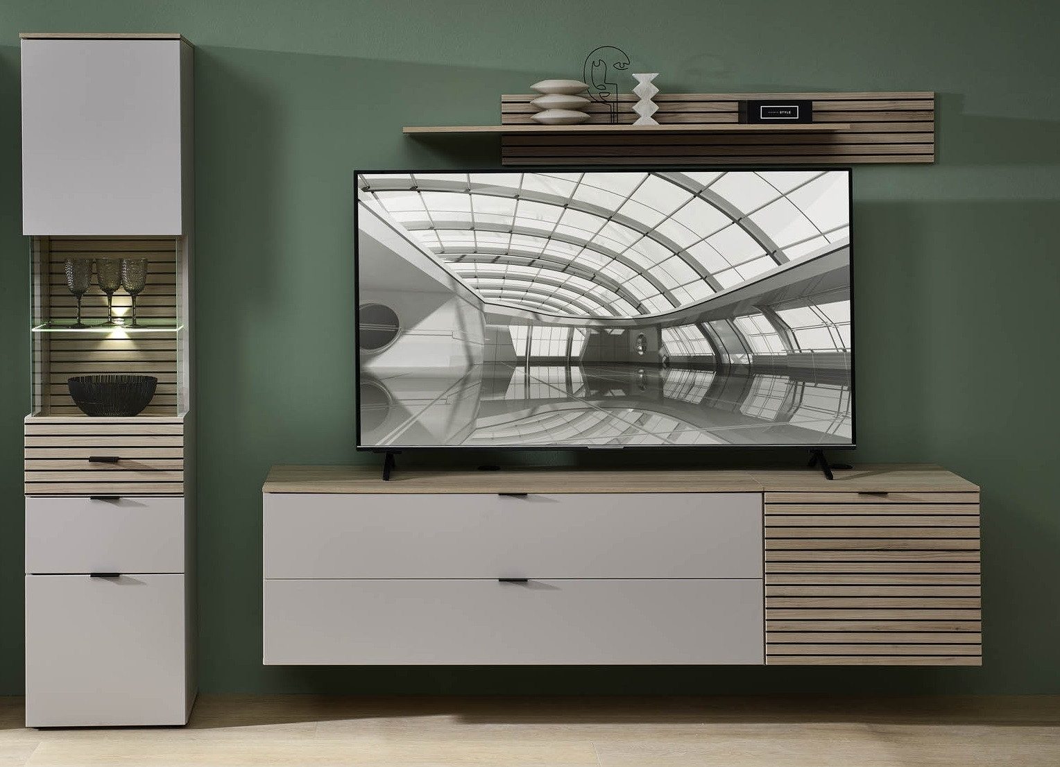 freiraum Wohnwand Ina, (4-teilig), (4-teilig) in Riva Eiche Dekor / Cashmere - 245x200x44 (BxHxT)