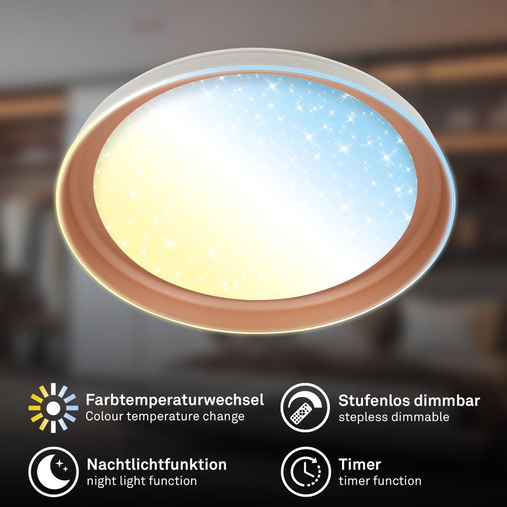 Briloner Leuchten LED Deckenleuchte LED Deckenlampe Fernbedienung Dimmbar CCT Sternenhimmel Dekorblende, LED fest integriert, 6500K - Kaltweiß, 4000K - Neutralweiß, 3000K - Warmweiß, CCT Farbtemperatursteuerung - Warmweiß / Neutralweiß / Kaltweiß, 5500-6500K - Tageslichtweiß, 43x8 cm, Wohnzimmer, Schlafzimmer, Flur, Küche