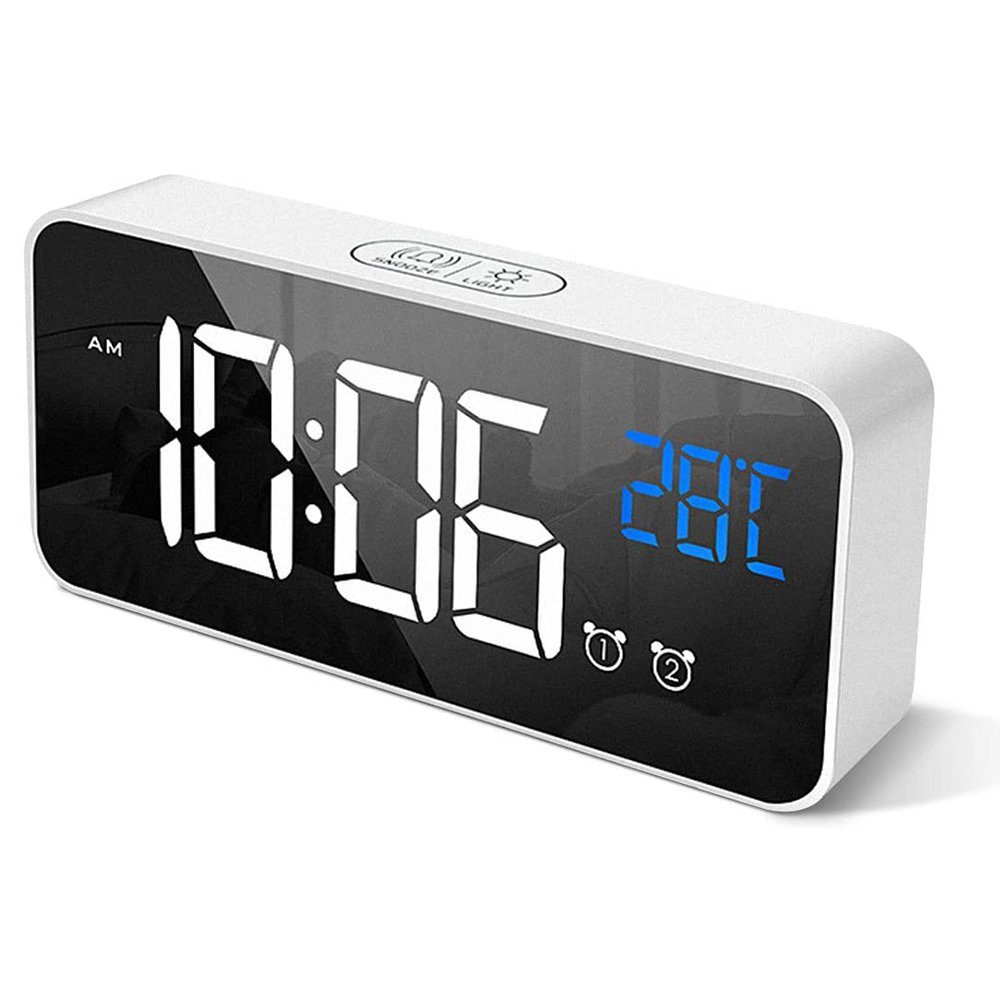 zggzerg Wecker Wecker Digital, Tragbare Spiegel Desktop-Uhr mit LED-Temperaturanzeige Weiß