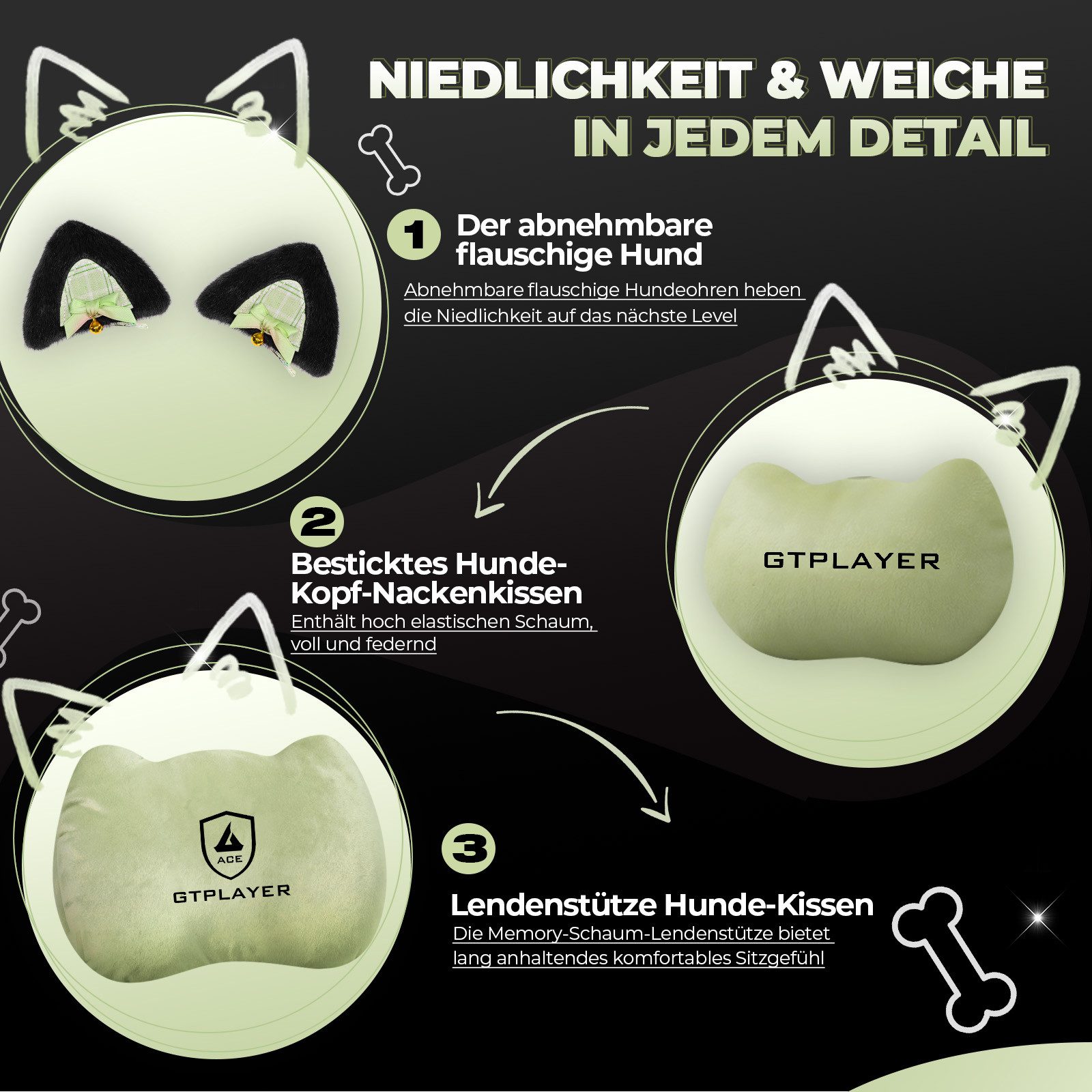 GTPLAYER Gaming-Stuhl Gaming Stuhl mit Samtstoff/Kunstleder, Gaming Chair Bürostuhl, Niedlicher Gamer Stuhl mit Katzenohren Süße Katze Edition