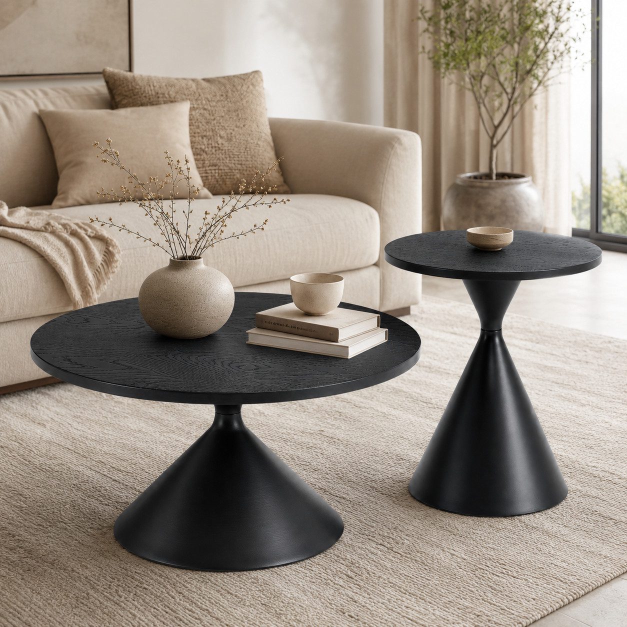 i@home Couchtisch Sanduhr-Serie 2er-Set Beistelltisch rund Carbonstahl-Untergestell (Packung Set, 2 Tisch), markanter Konusform,platzsparend stapelbar