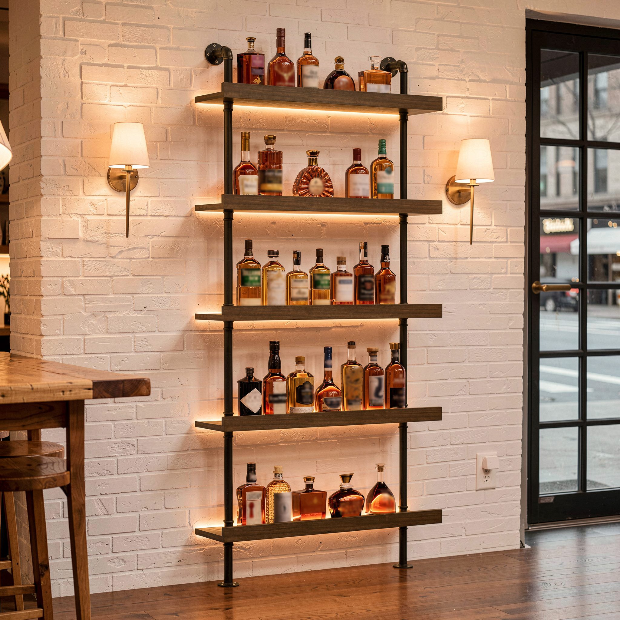 PEALOV Weinregal Wand mit LED, 5 Ebenen Wandmontiertes Weinregal, 100 x 180 x 20 cm, Flaschenregal für Bars, Weinkeller, Küche, Restaurants