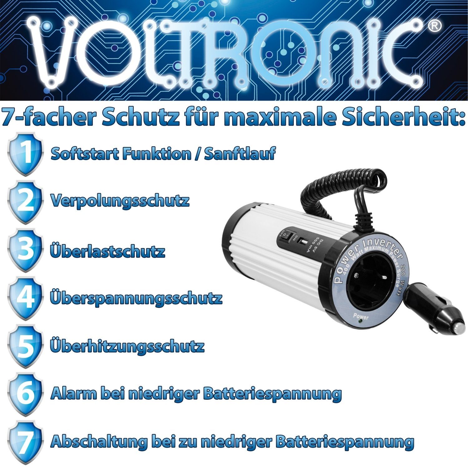 VOLTRONIC VOLTRONIC® MODIFIZIERTER Sinus Spannungswandler Trafo (200 -  1500W mit E-Kennzeichen, 12V auf 230V)