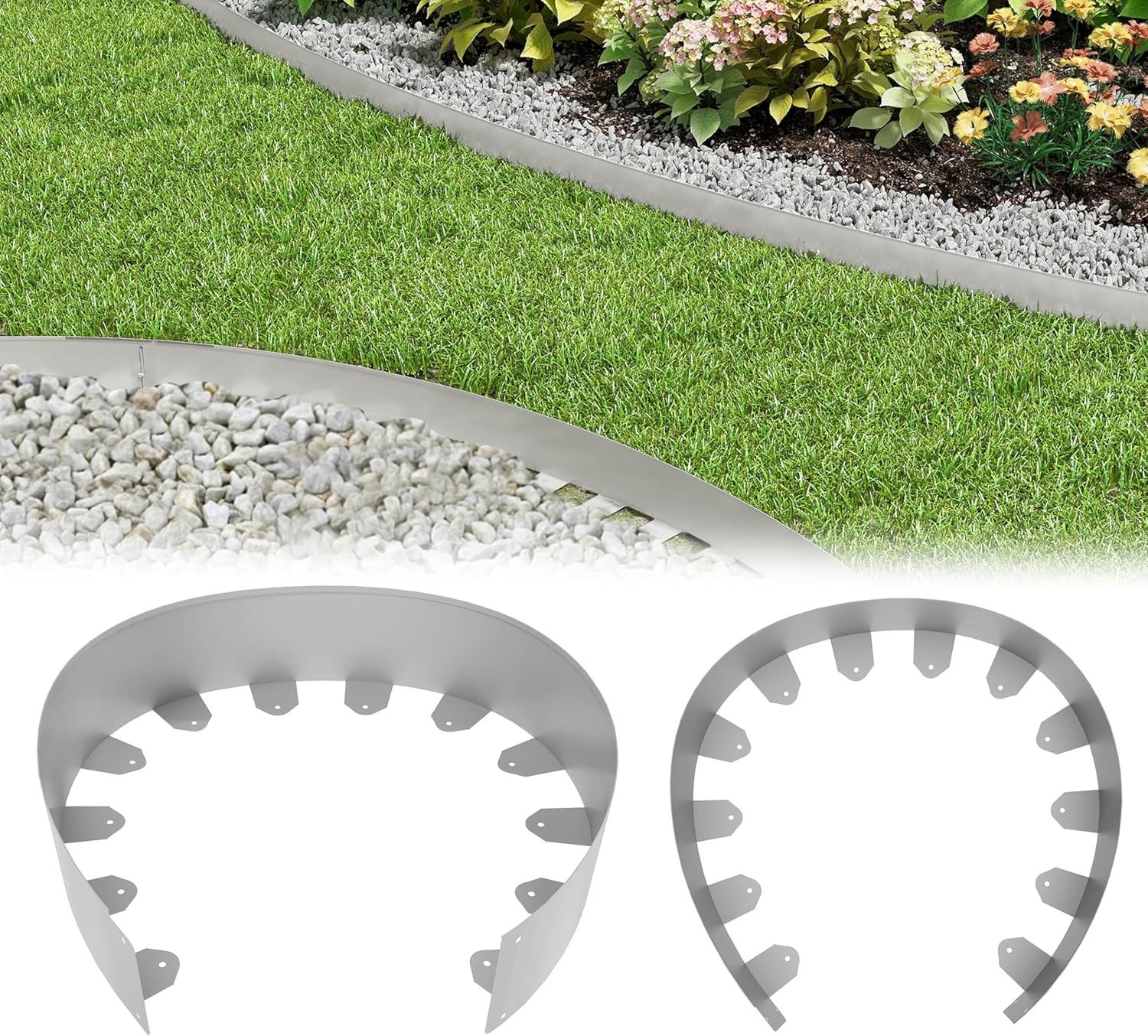 FIVMEN Rasenkante Rasenkante Gartenkantenplatte Metall Beetbegrenzung 5/10cm Hoch, 5m/10m Lang, Silber/Schwarz Verzinkt Rasenbleche Mähkante Flexible Rasen Umrandung