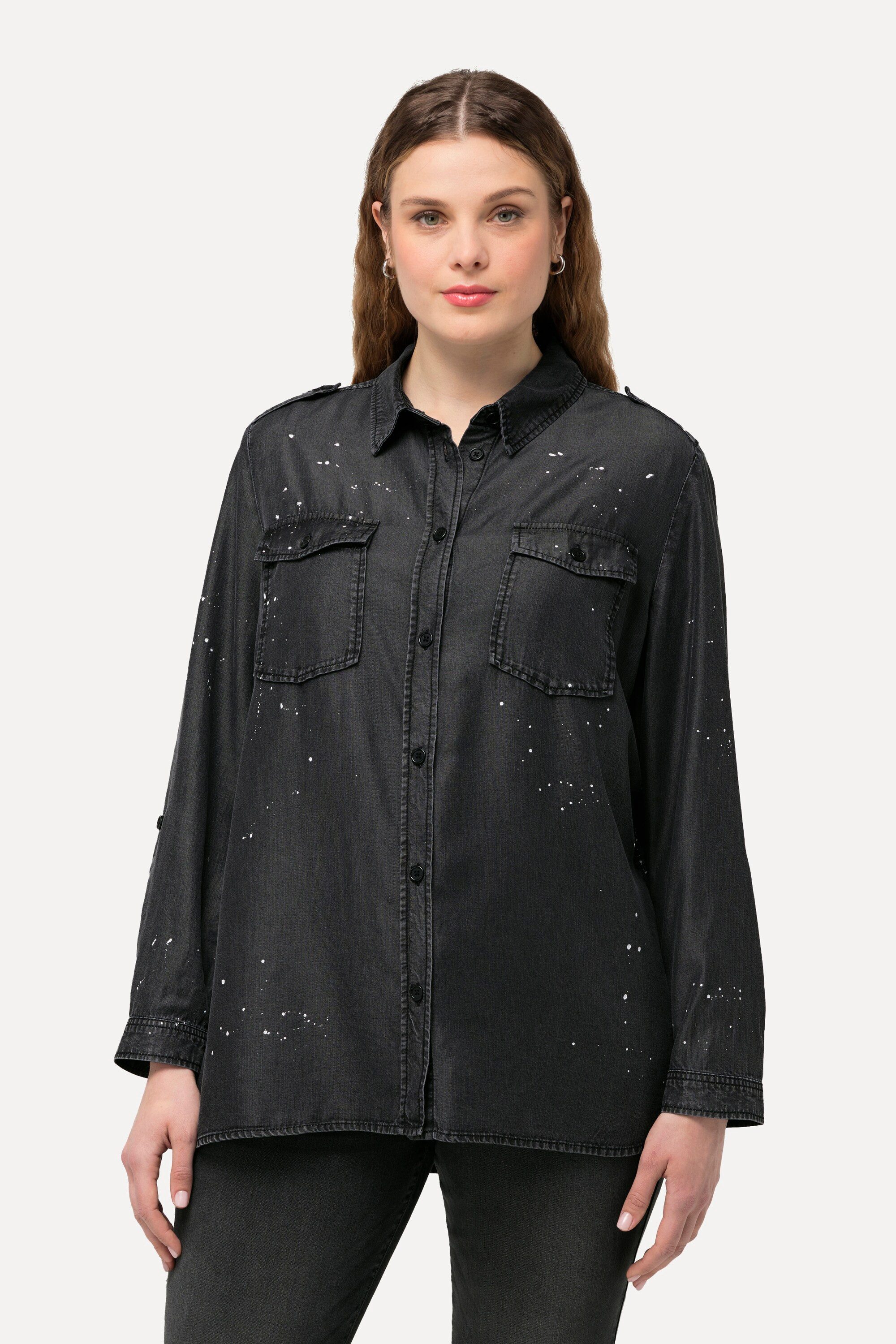 Longbluse Jeansbluse Acid Wash Hemdkragen Langarm