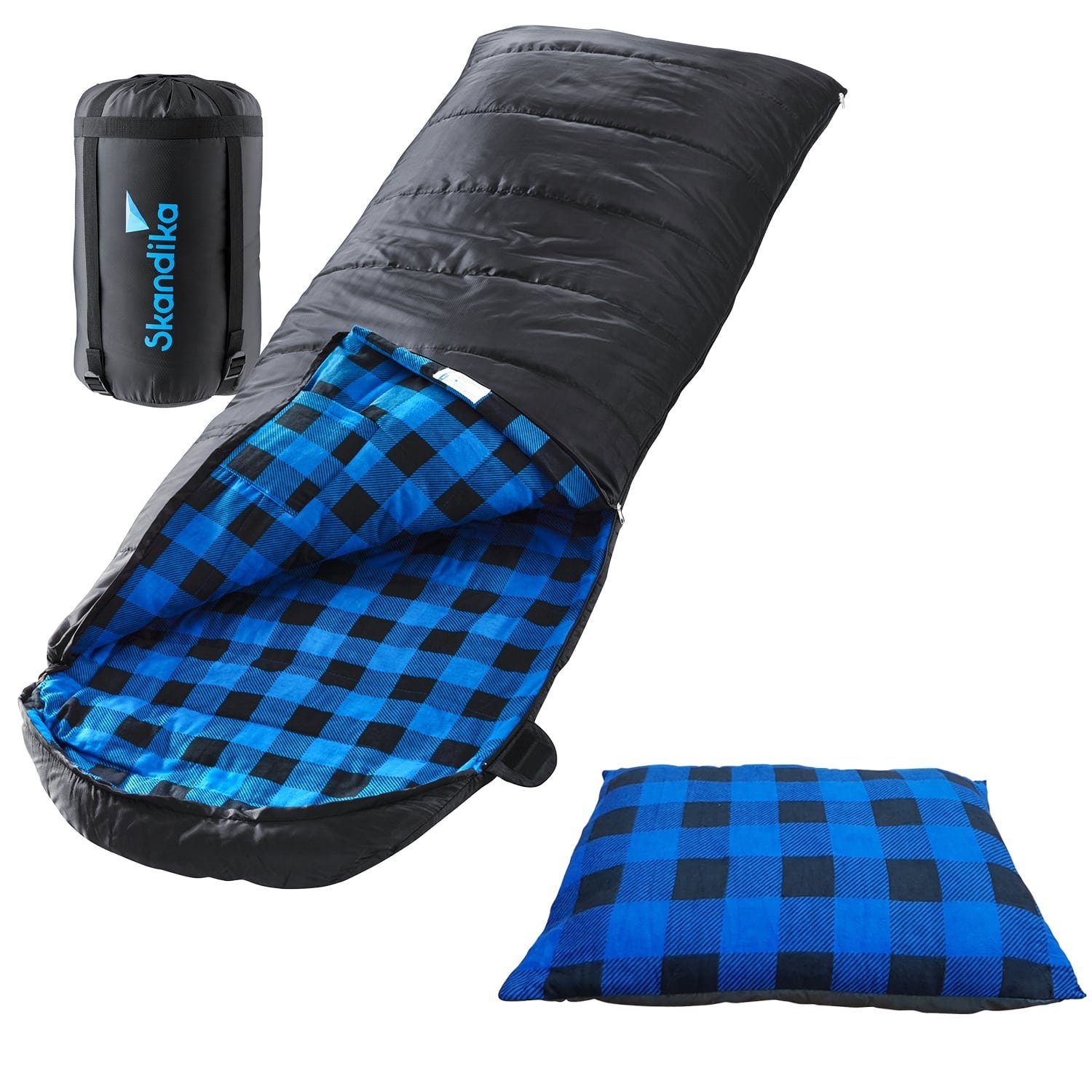 Skandika Deckenschlafsack Dundee Flanell + Kissen, Reißverschluss links, Baumwolle, Camping, koppelbar, Doppelschlafsack, 3 Jahreszeiten, Erwachsene, 220 x 80 cm