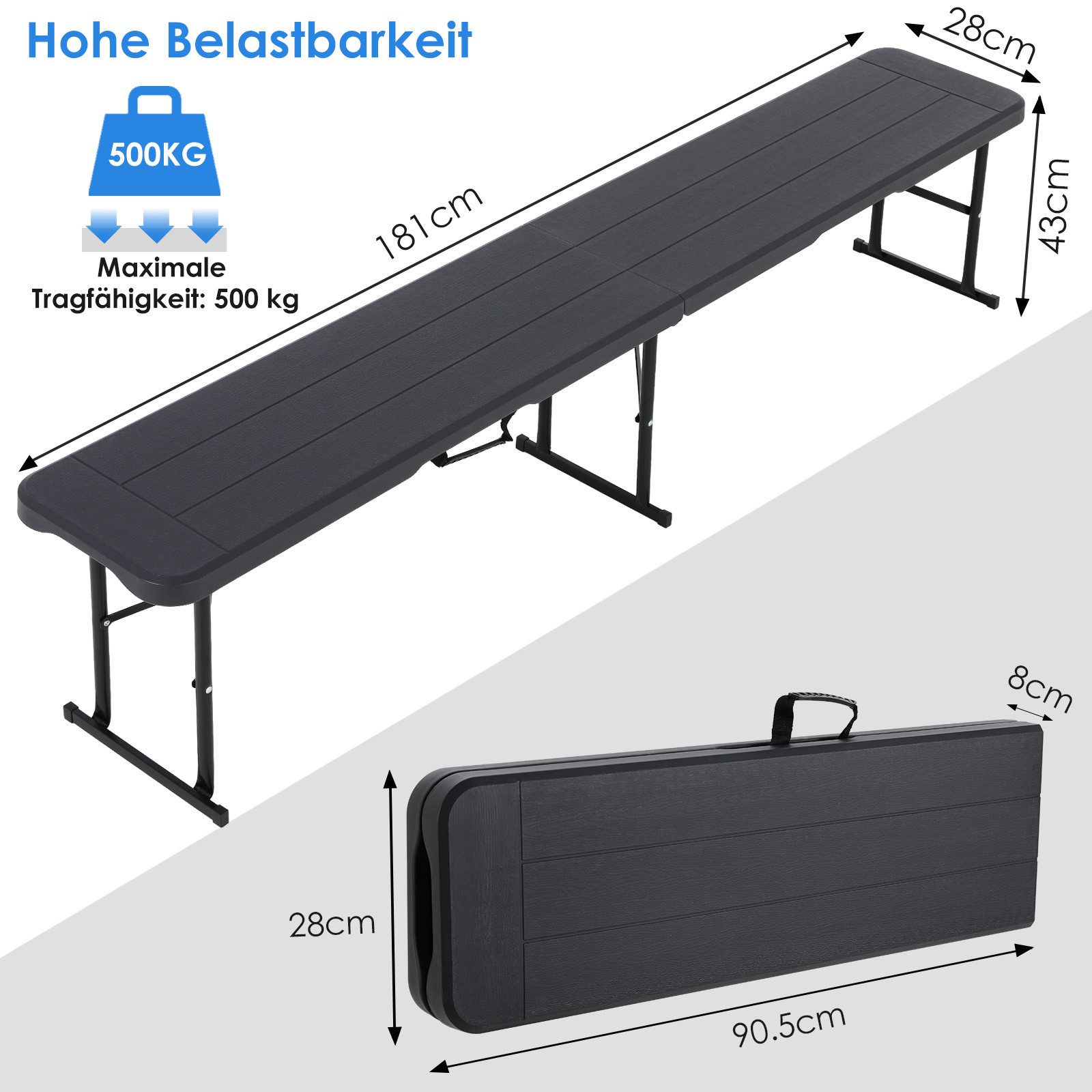 TLGREEN Gartenbank 2pcs Bierbank Klappbar 181cm, Campingbank Faltbar mit Tragegriff (Bierzeltbank bis 500kg Belastbarkeit, Gartenbank aus HDPE & Stahlgestell), Wetterfeste Partybank für Grill/Camping/Garten