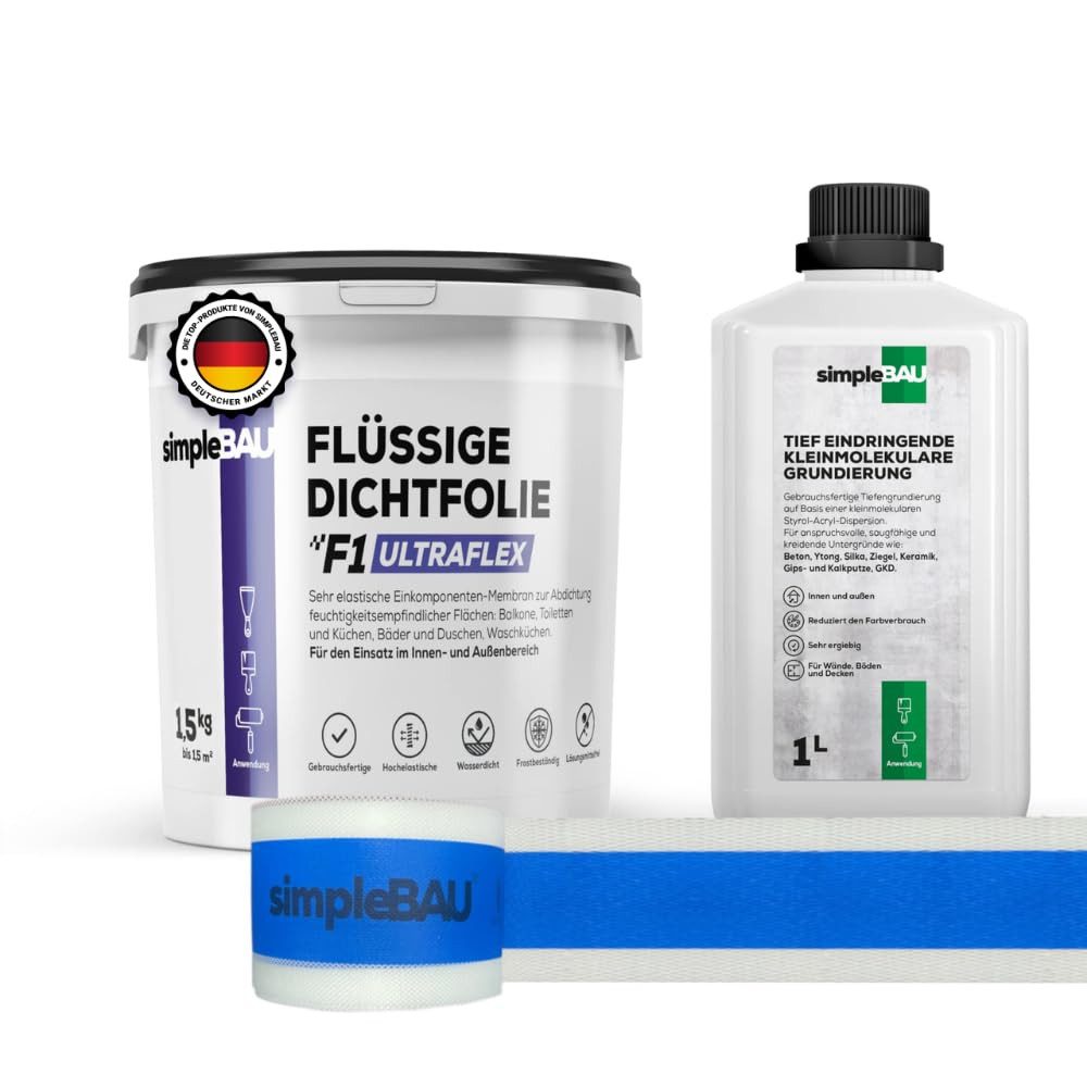 simpleBAU Dichtstoff Flüssigfolie F1 Ultraflex 1,5 kg + Tiefengrund 1L und Dichtband 5M