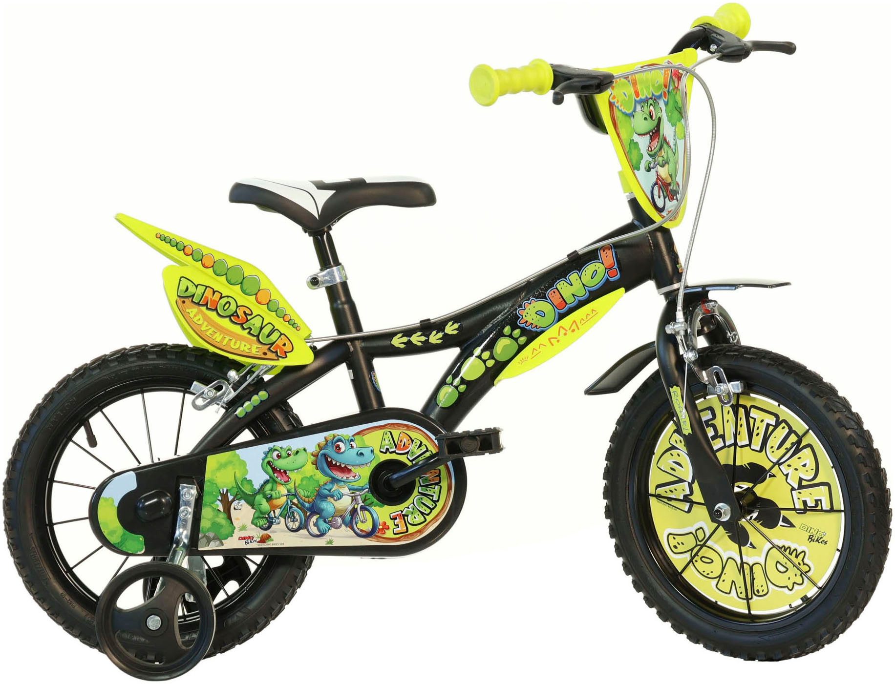 Dino Bikes Kinderfahrrad Dinosaurier T-Rex, 1 Gang, mit Stützrädern, Frontschild und coolen Schutzblechen