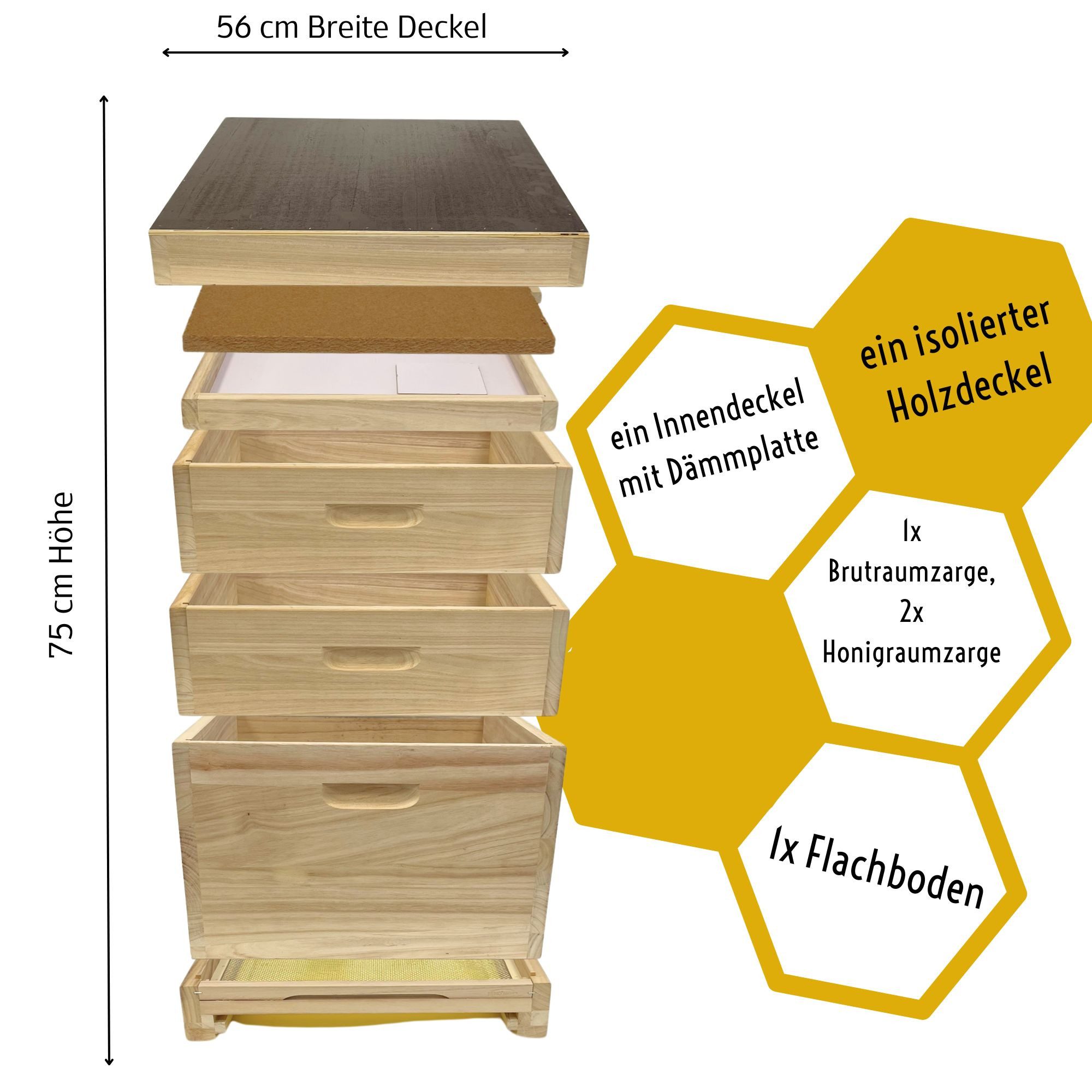 Holtermann Bienenbeute 12er Dadant US Komplettbeute mit Varroaboden, Dadant, Edelstahl Lüftungsgitter & Holzdeckel