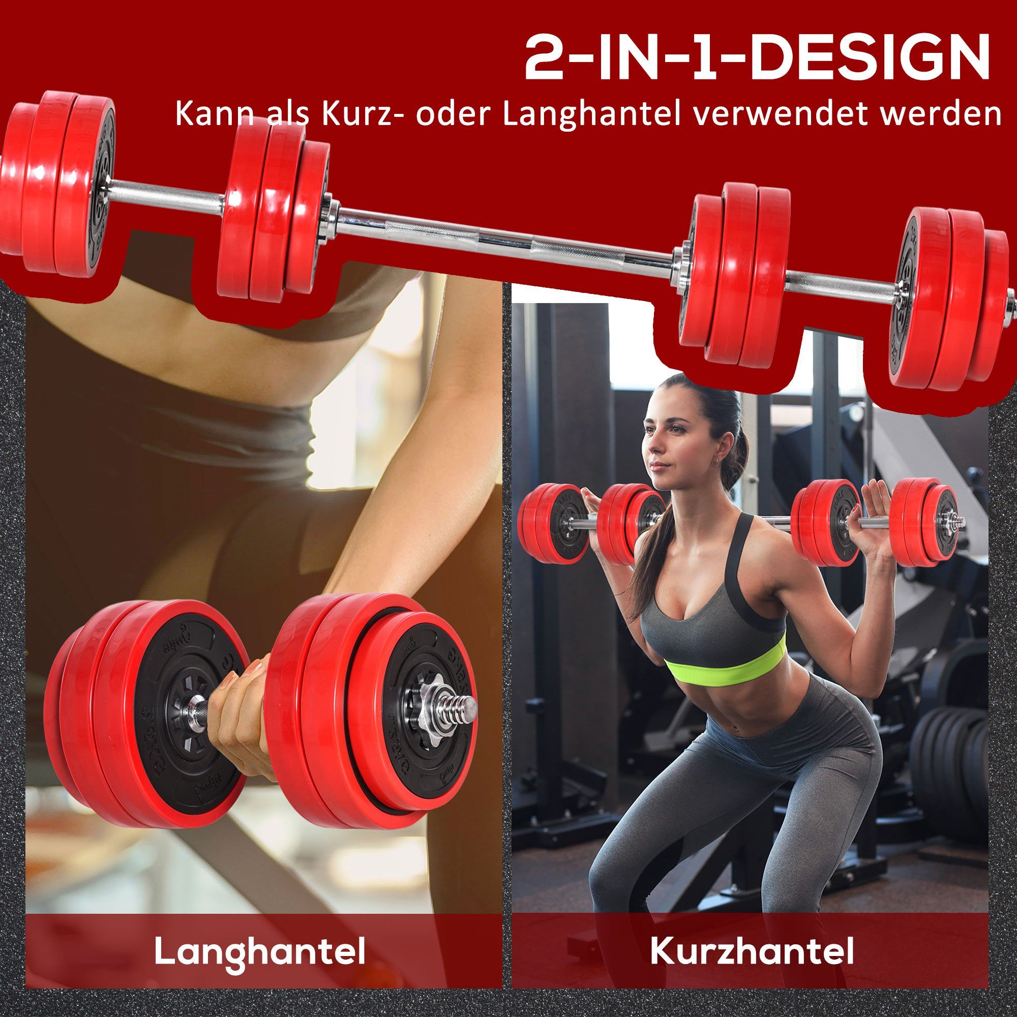 HOMCOM Hantel-Set 30KGS 2-IN-1 Hanteln&Langhanteln, (Krafttrainingsset, Gewichthebensset), Stahl Eisen Sand Rot+Schwarz