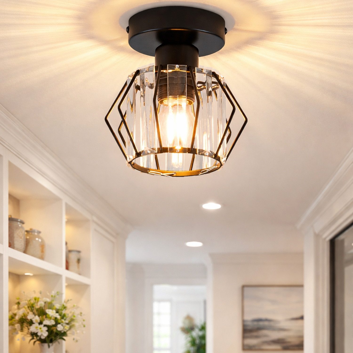 ZMH Deckenleuchte Whonzimmer Schwarz Kristall Modern Deckenlampe E27 Vintage Flur, Einfache Installation, ohne Leuchtmittel, Küchenlampe mit Metall Rahmen Innen Hotel