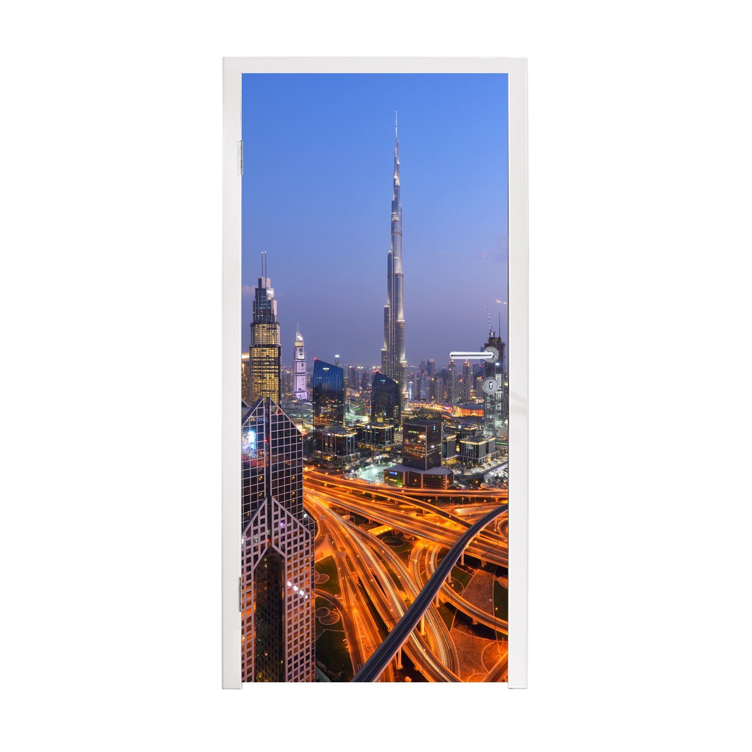 MuchoWow Türtapete Die vielen Neonlichter von Dubai mit dem Burj Khalifa als Mittelpunkt, Matt, bedruckt, (1 St), Fototapete für Tür, Türaufkleber, 75x205 cm