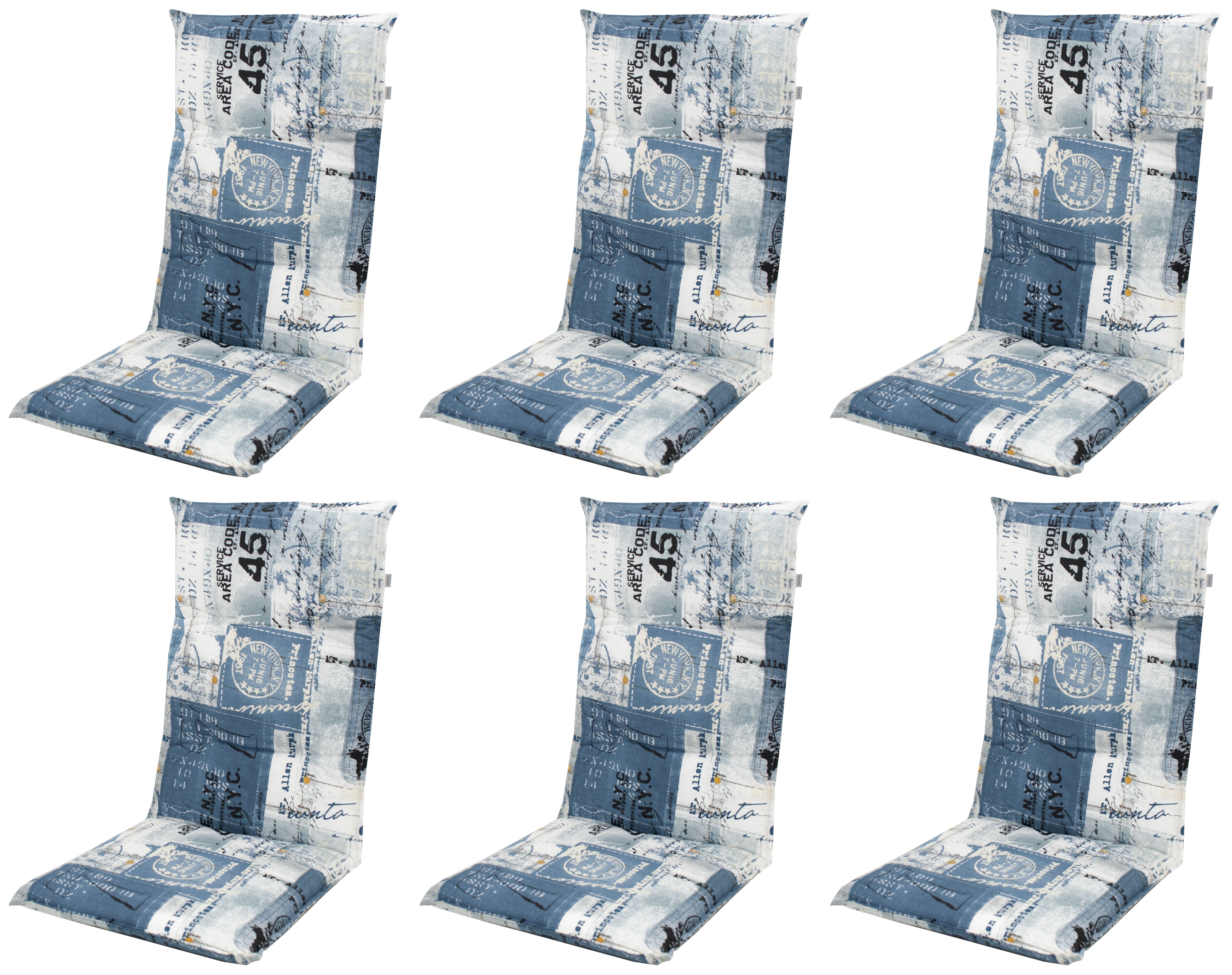 Gardissimo Hochlehnerauflage 6 er Set 2112 Gartenstuhl Auflagen Kissen Polster Hochlehner blau, (Spar-Set, 6 St., 6 Auflagen), für Hochlehner-Stühle UV-beständig inkl. Bindebänder und Haltebänder