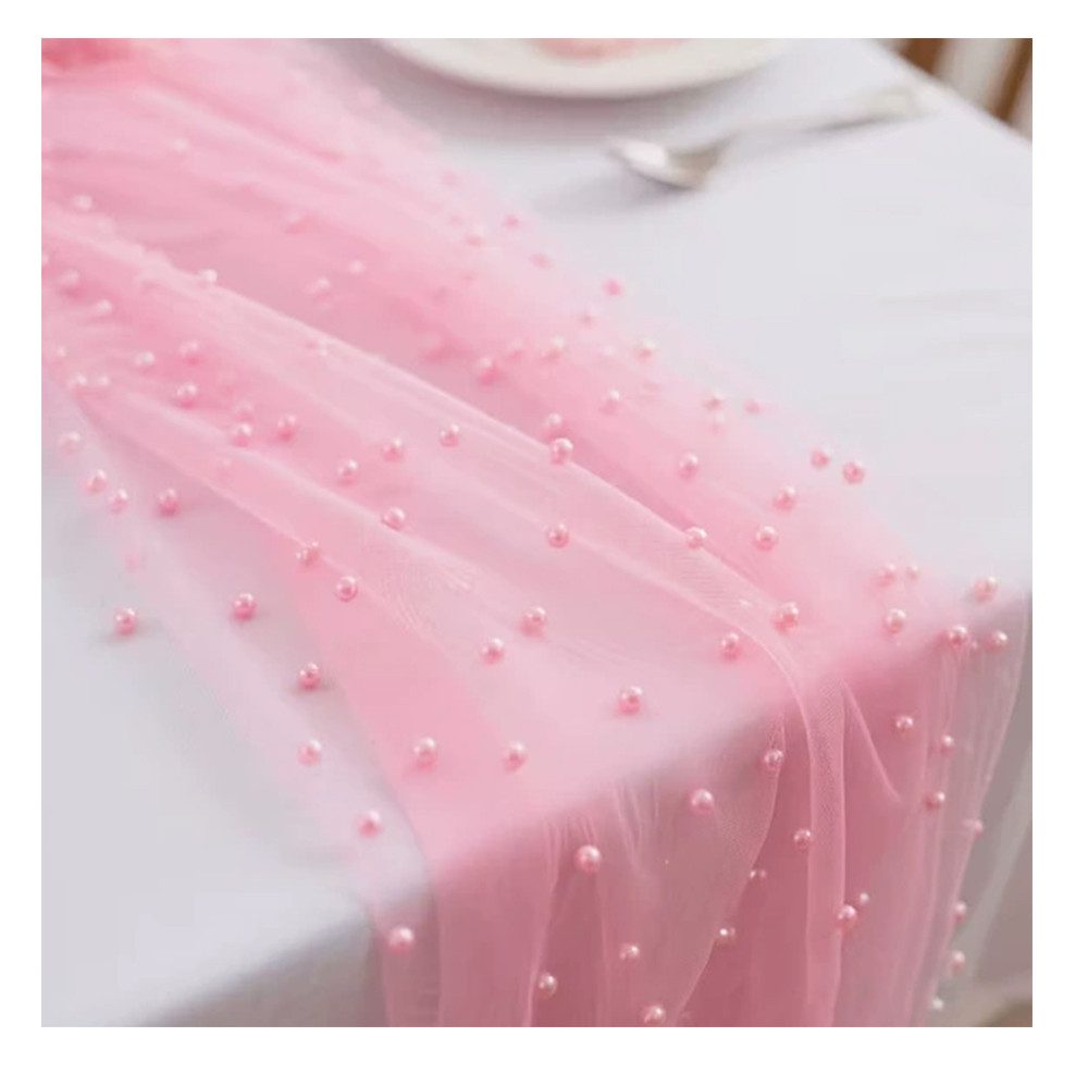 Agger Tischläufer Eleganter Tischläufer,Perlenverzierter Tischläufer aus Netz Tüllstoff, Tischdecke für Boho-Hochzeit, Geburtstagsfeier,0.75*3m,transparent