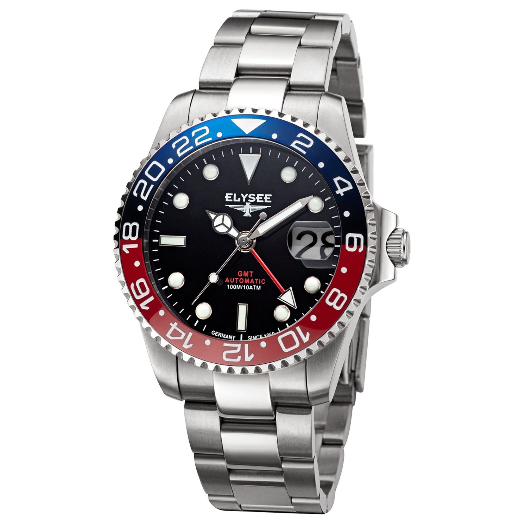 Elysee Automatikuhr GMT AUTOMATIC Herrenuhr 40,5mm Edelstahl 4-Zeiger-Uhr silber, ideal auch als Geschenk blau rot