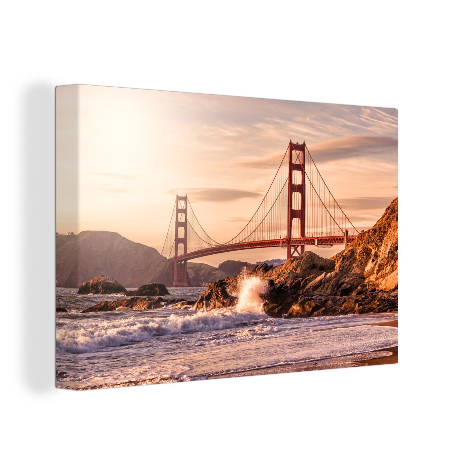 OneMillionCanvasses® Leinwandbild Golden Gate Bridge mit wilden Wellen, die an die Felsen in San, (1 St), Wandbild Leinwandbilder, Aufhängefertig, Wanddeko, 30x20 cm