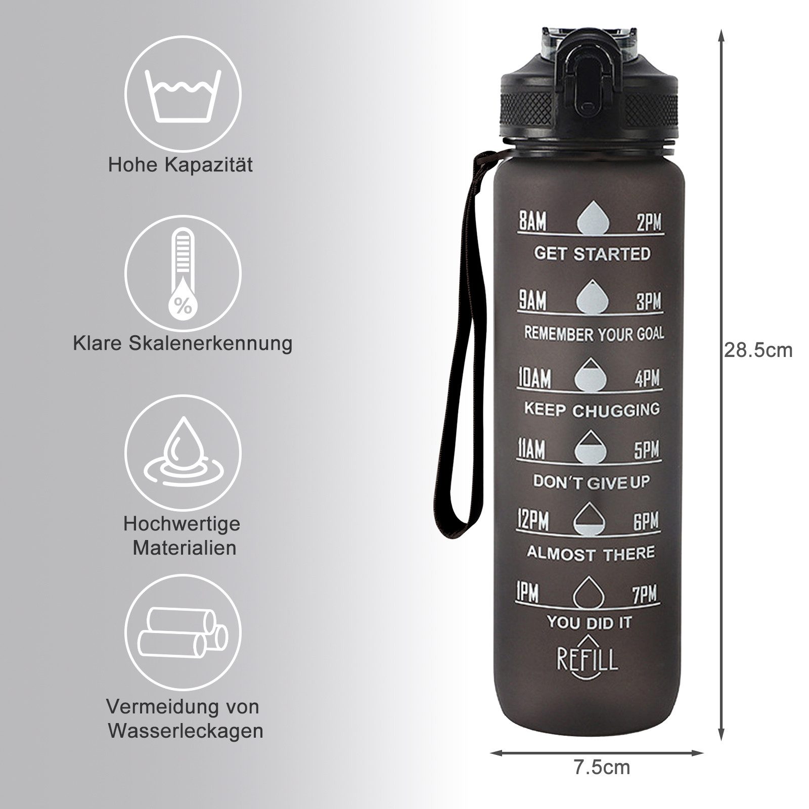 CALIYO Trinkflasche 1 Liter Sport-Wasserflasche mit Strohhalm und Zeitmarkierungen, Auslaufsichere Tritan-Trinkflasche, BPA-frei für Sportart