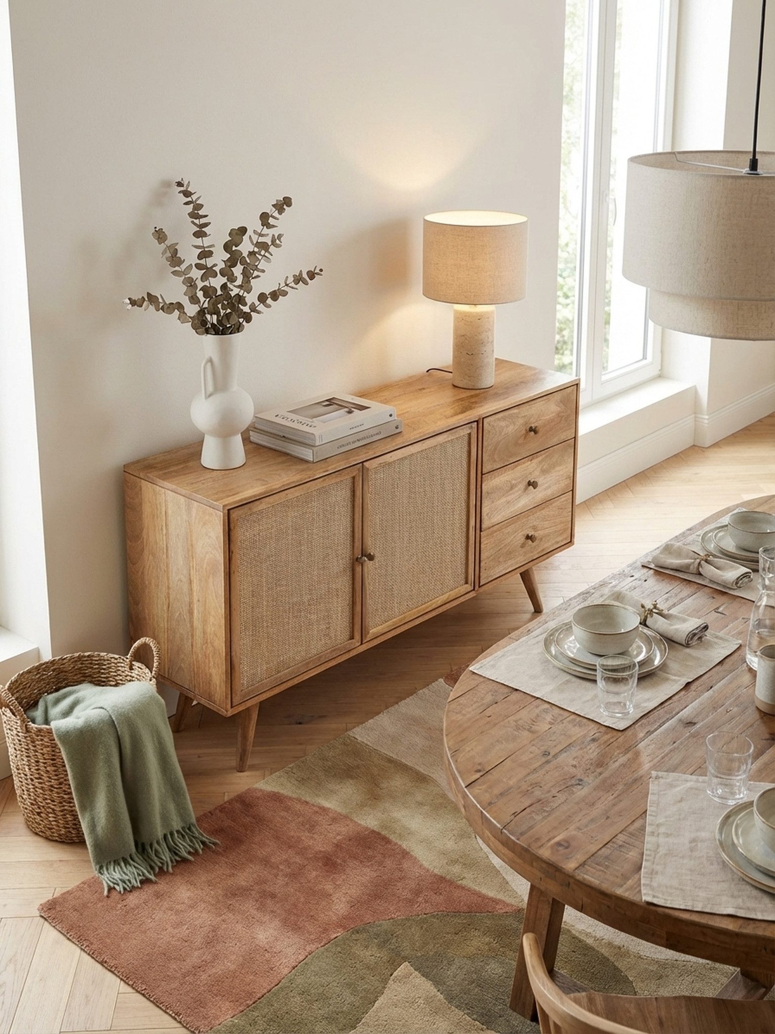 KADIMA DESIGN Kommode Design Sideboard 140x75x40 cm Mango Massivholz / Rattan, Kommode 3 (Wohnzimmer, 2 Türfächer Rohrgeflecht), Schubladen, Hoher Kommodenschrank Holz Massiv, Standschrank