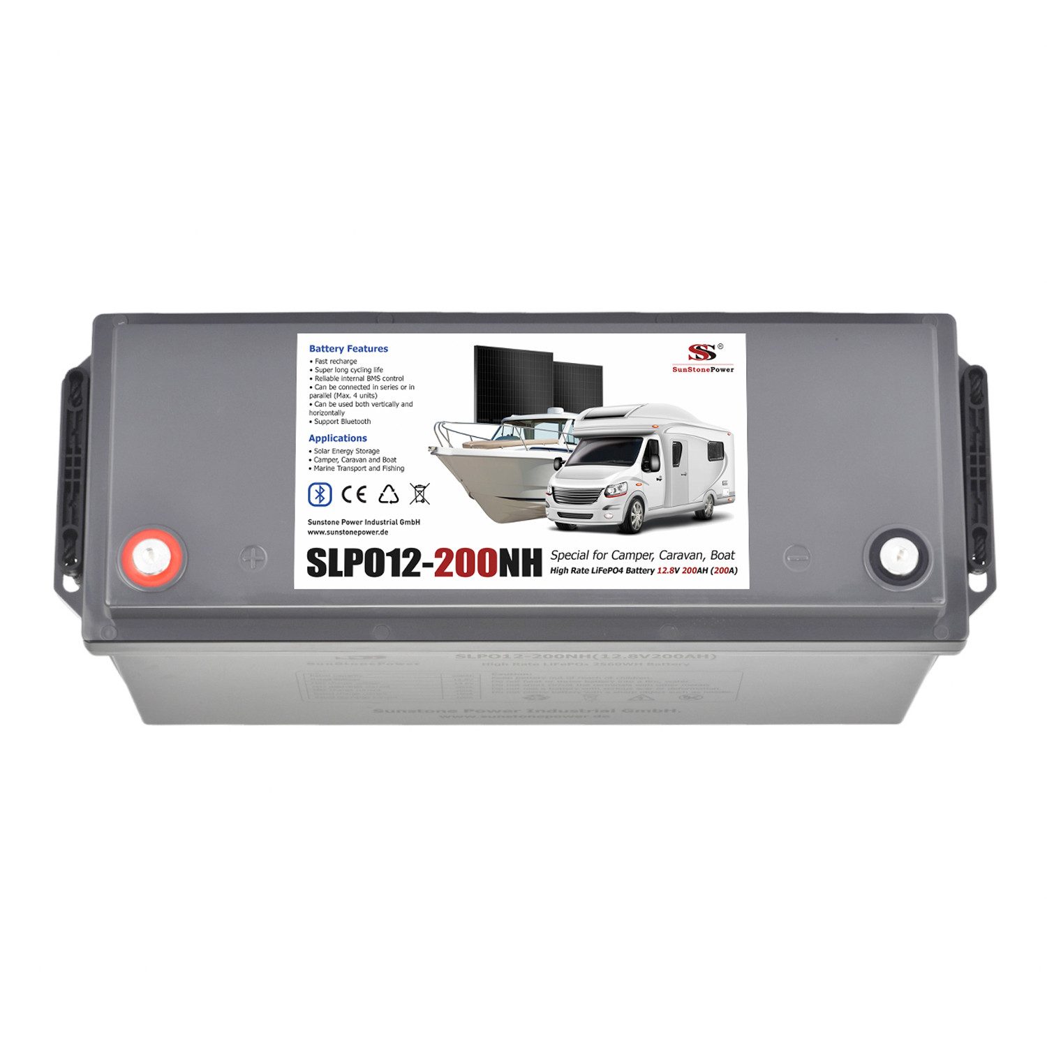 Sunstone Power 12V 200AH LiFePO4 Batterie 1C Entladung Energiespeicher für WOMO RV Solarakkus 200000 mAh (12 V), Bluetooth