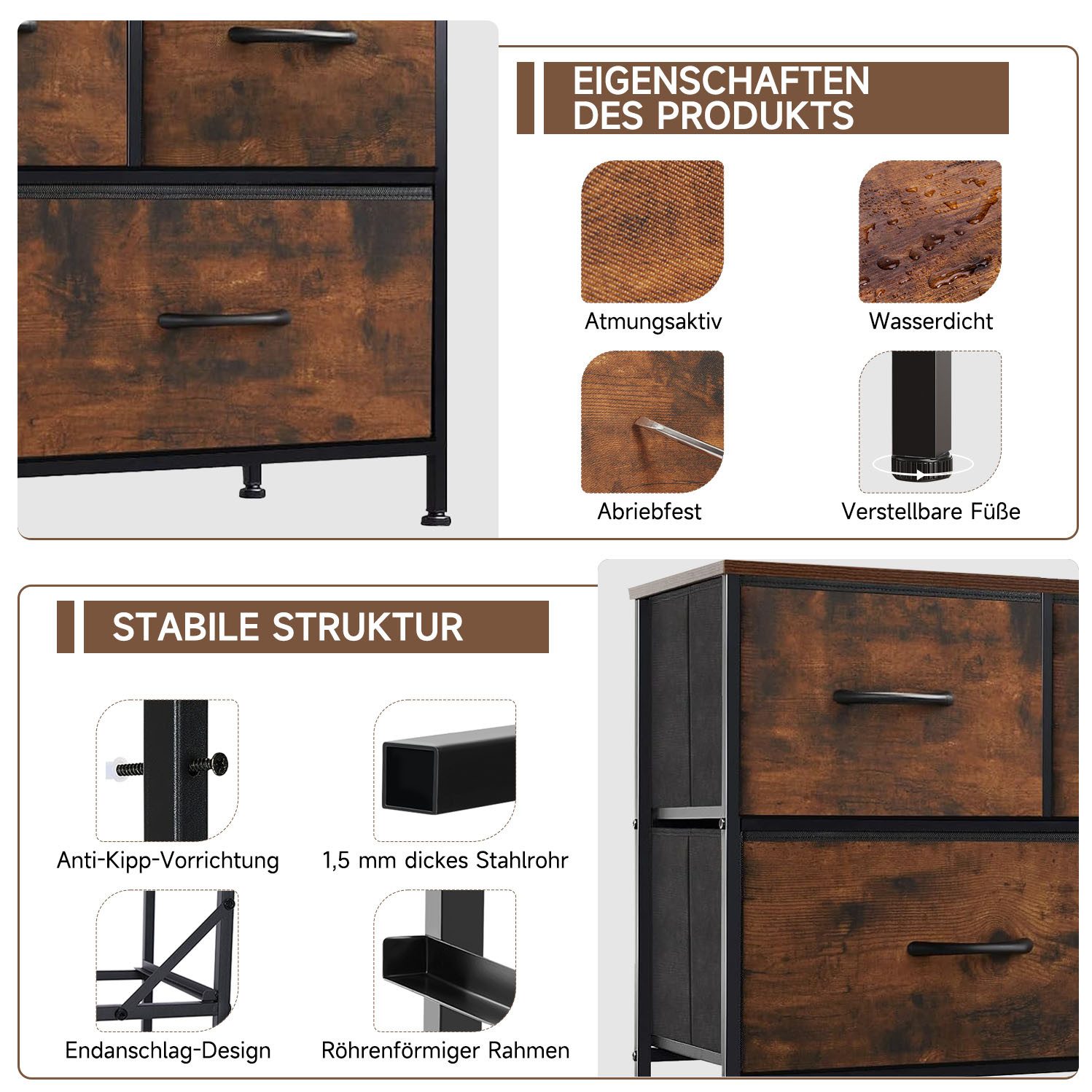 Refined Living Kommode Schubkastenkommode mit 5 Schubladen Stoffkommode stabilem Stahlrahmen (Sideboards mit Holzplatte und leicht zu ziehendem Griff für Schränke, Große Kapazität, Aufbewahrung von Kinder- und Erwachsenenkleidung), wasserdicht Geeignet für Wohnzimmer, Kinderzimmer, Flur, Schlafzimmer