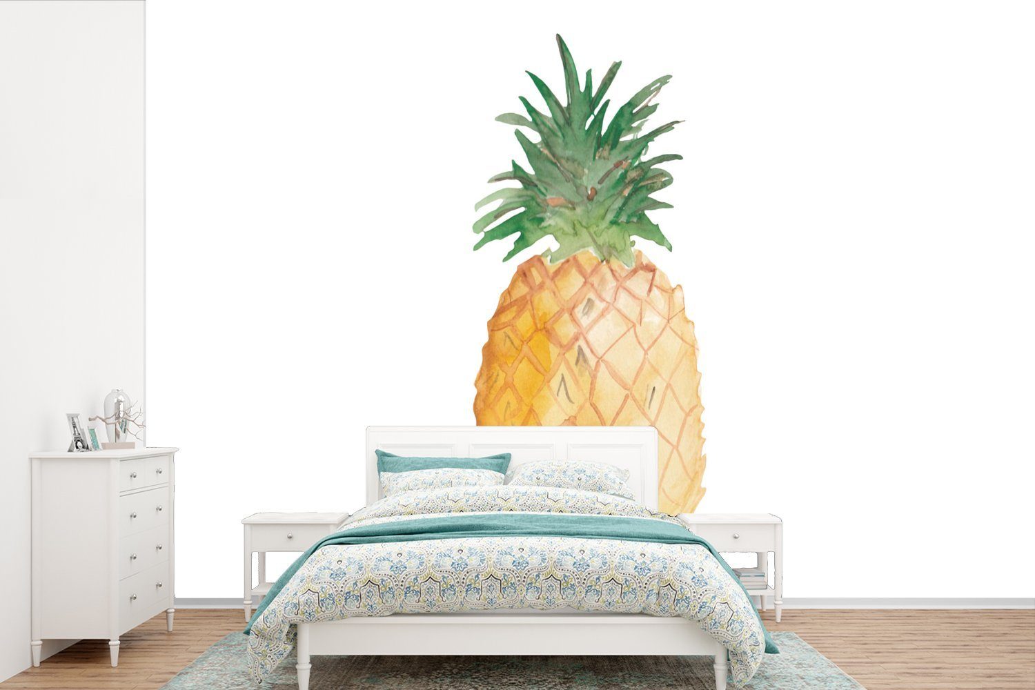 für St), Obst Tapete Fototapete Weiß, bedruckt, (6 - Schlafzimmer, Ananas Kinderzimmer, Wohnzimmer, Wallpaper Vinyl MuchoWow Matt, -