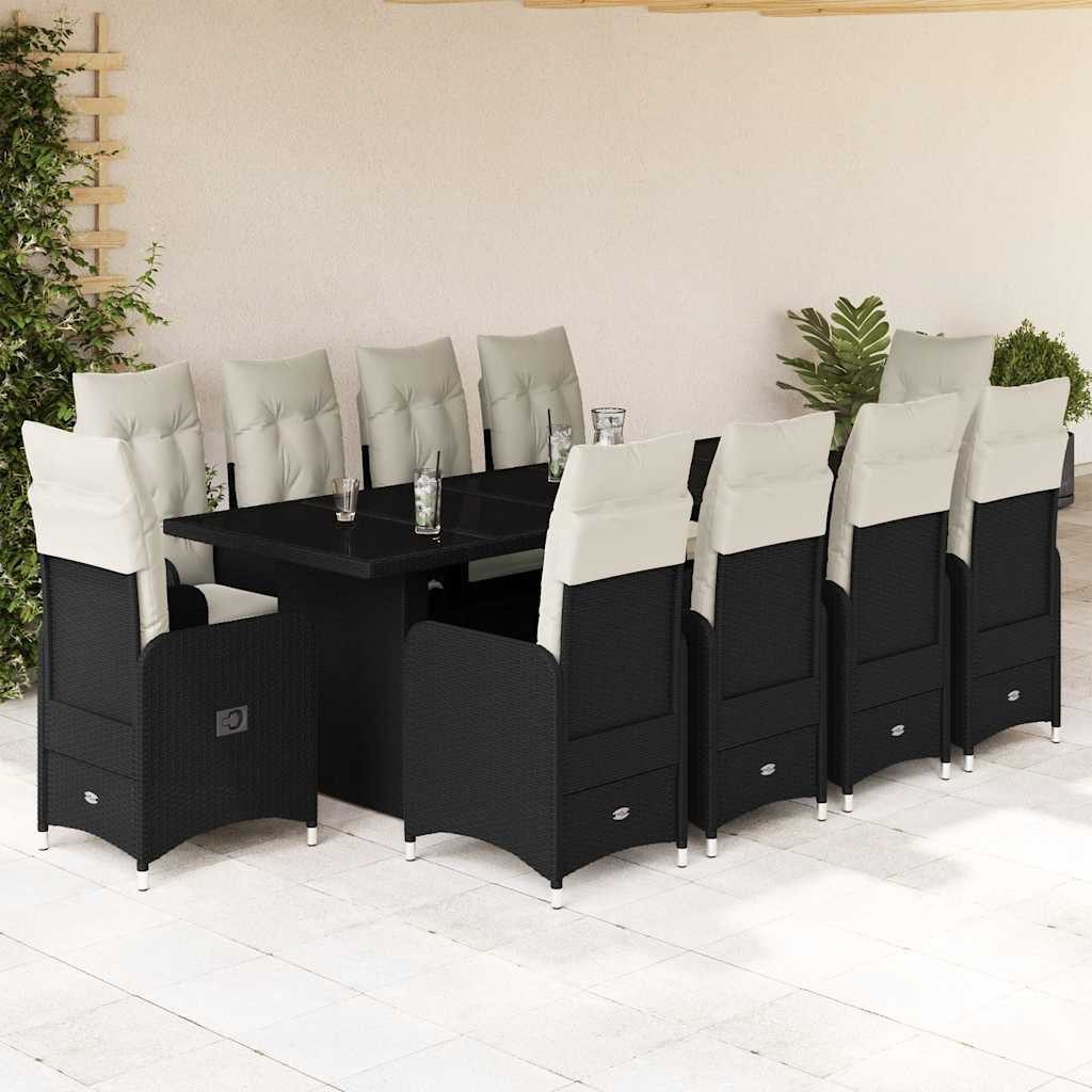 vidaXL Gartenlounge-Set 11-tlg. Garten-Bistro-Set mit Kissen Schwarz Poly Rattan, (10-tlg)