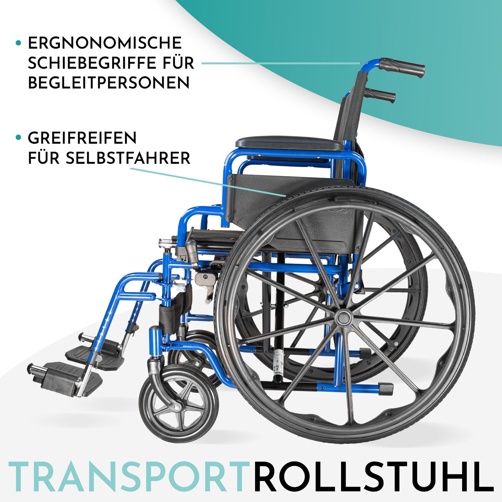 MOBILITY Plus+ Rollstuhl RIO - faltbarer & leichter Greifreifen-Rollstuhl, Transportrollstuhl m. Schiebegriffe, Fußstützen & Armlehnen klappbar