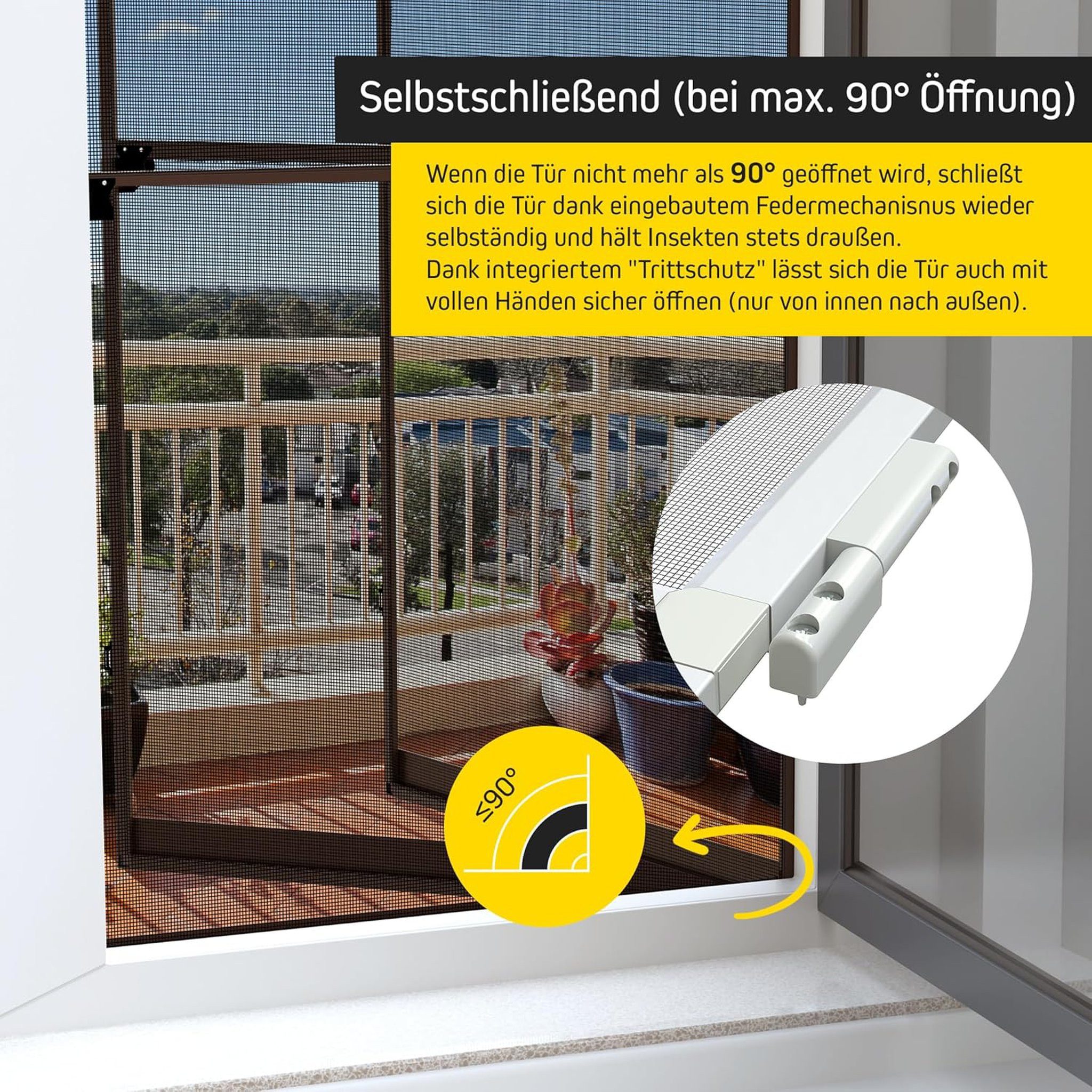 jalousiescout Insektenschutz-Tür Fliegengitter Tür Balkontür mit Rahmen 100x210 Aluminium Braun, (1-St), leichte Reinigung, nahezu freie Sicht, ProtectLine