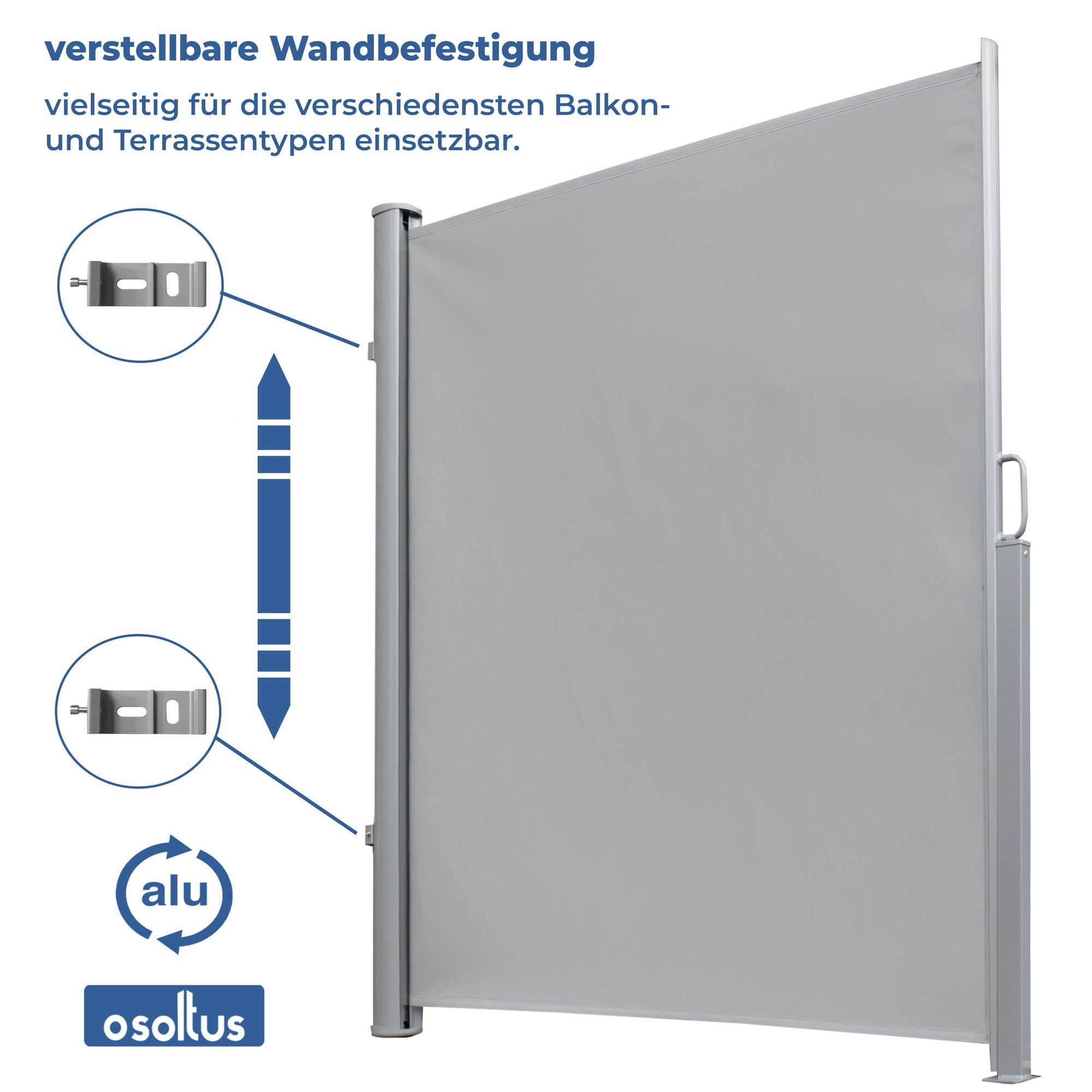 osoltus Sichtschutzzaunmatten osoltus Alu Seitenmarkise Seitenwand Seitenrollo 180 x 300 cm Hellgrau