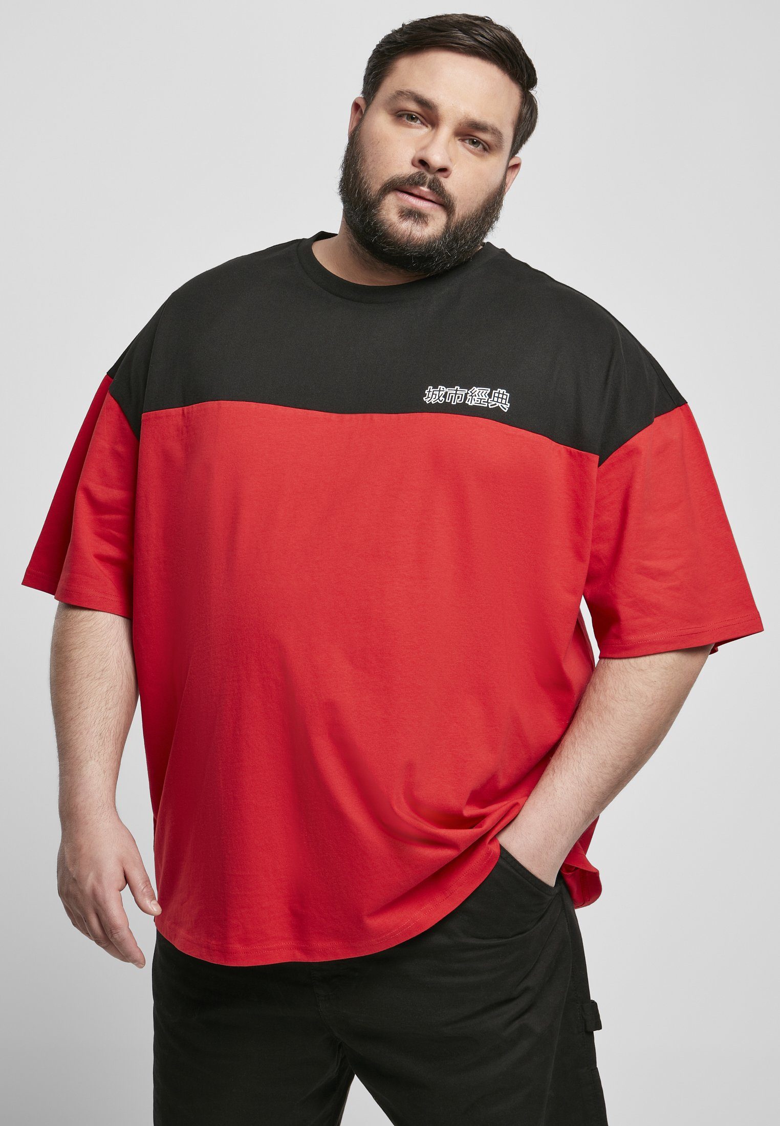 URBAN CLASSICS T-Shirt Herren Oversized Color Block Logo Tee (1-tlg) cityred/black