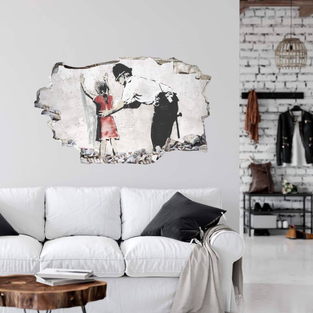 K&L Wall Art Wandtattoo 3D Aufkleber Banksy Graffiti Street Art Policeman searching girl, Mauerdurchbruch Wandbild selbstklebend
